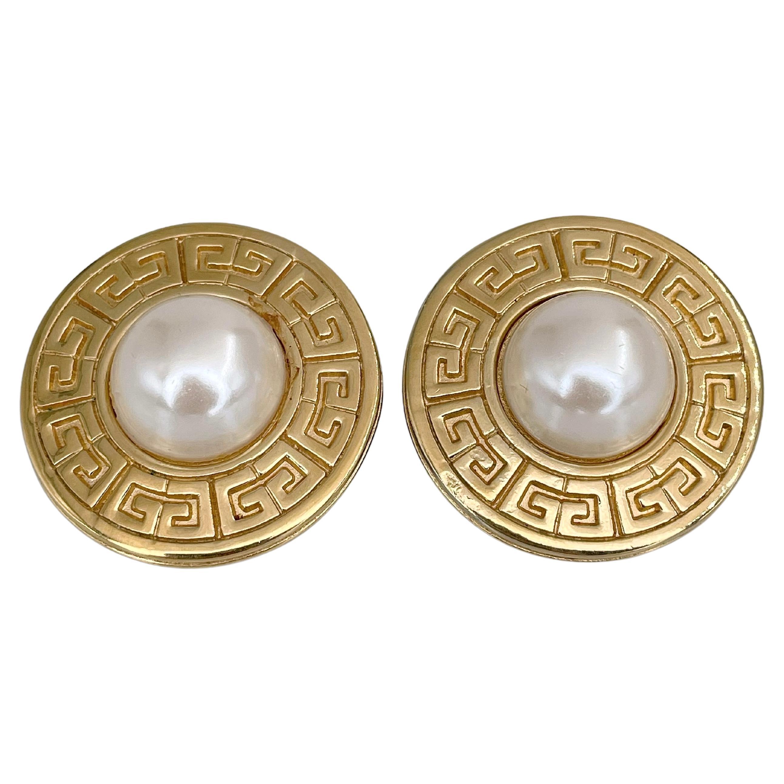 1980s Vintage Givenchy Logo Gold Tone Pearl Round Clip On Earrings
