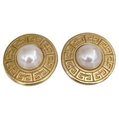 1980s Retro Givenchy Logo Gold Tone Pearl Round Clip On Earrings