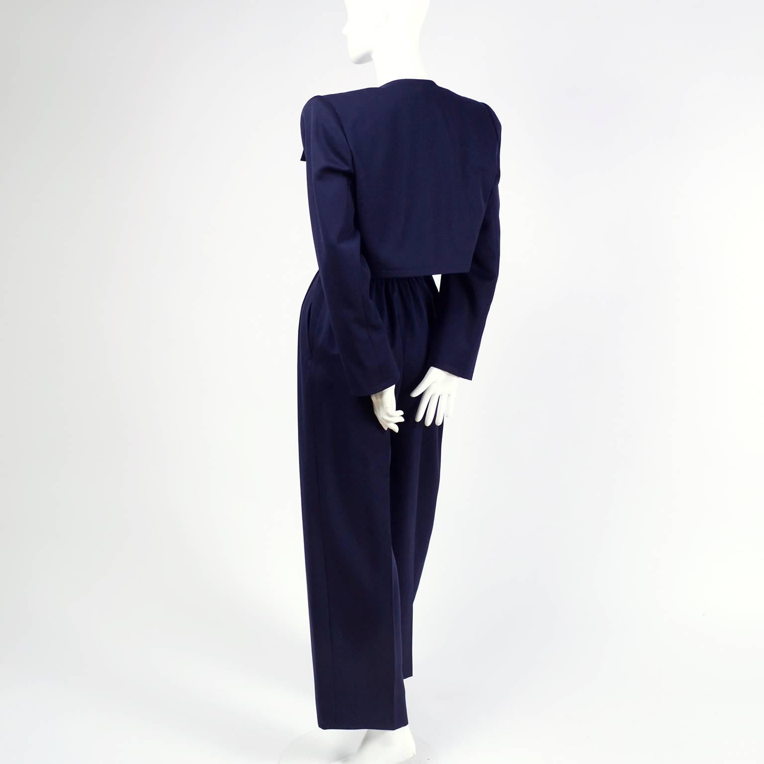 Givenchy Vintage Navy Blue Cropped Jacket and High Waist Pantsuit, 1980s 2