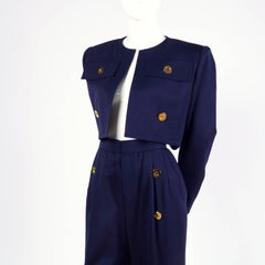 Veste courte et pantalon taille haute bleu marine vintage Givenchy:: années 1980