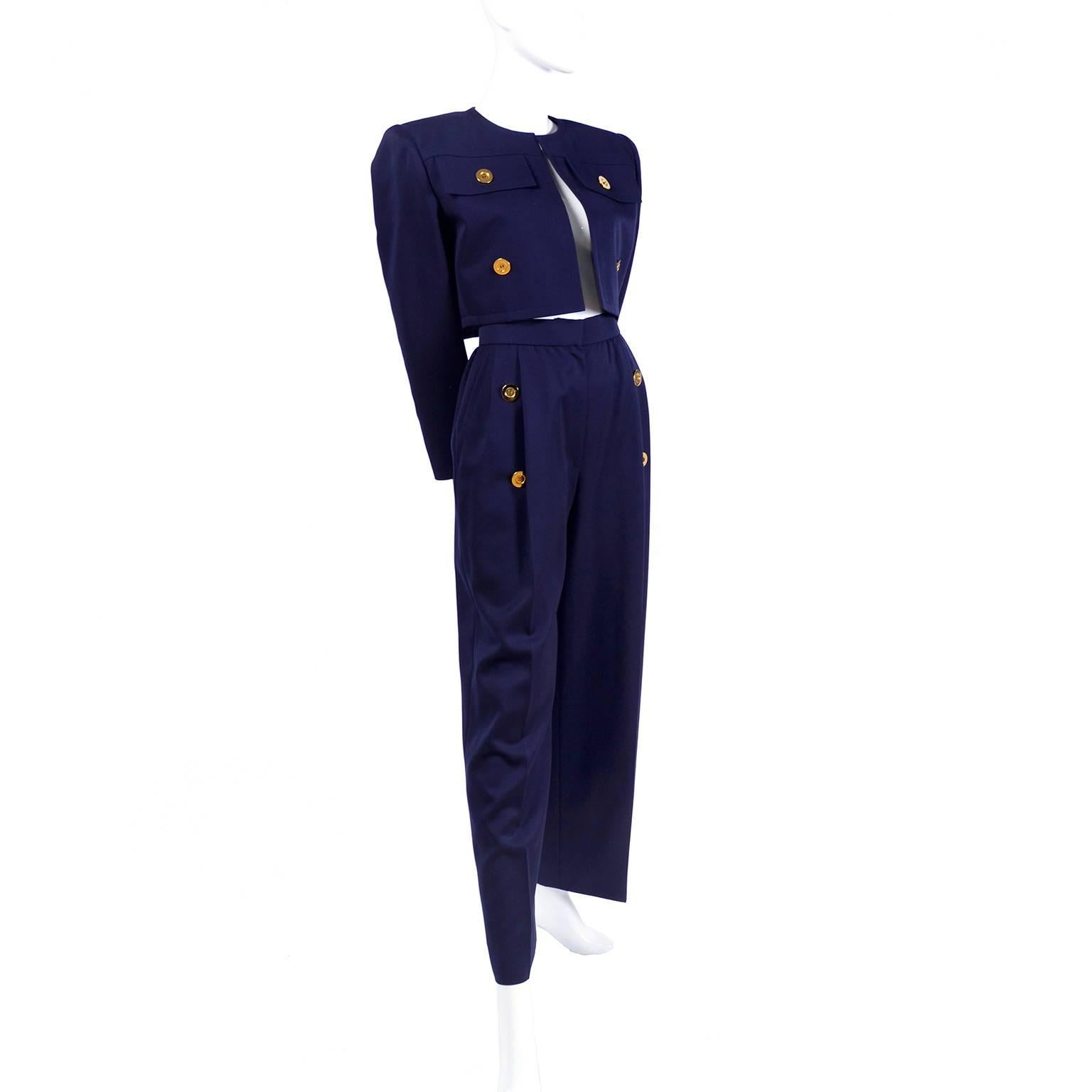 Givenchy Vintage Navy Blue Cropped Jacket and High Waist Pantsuit, 1980s In Excellent Condition In Portland, OR
