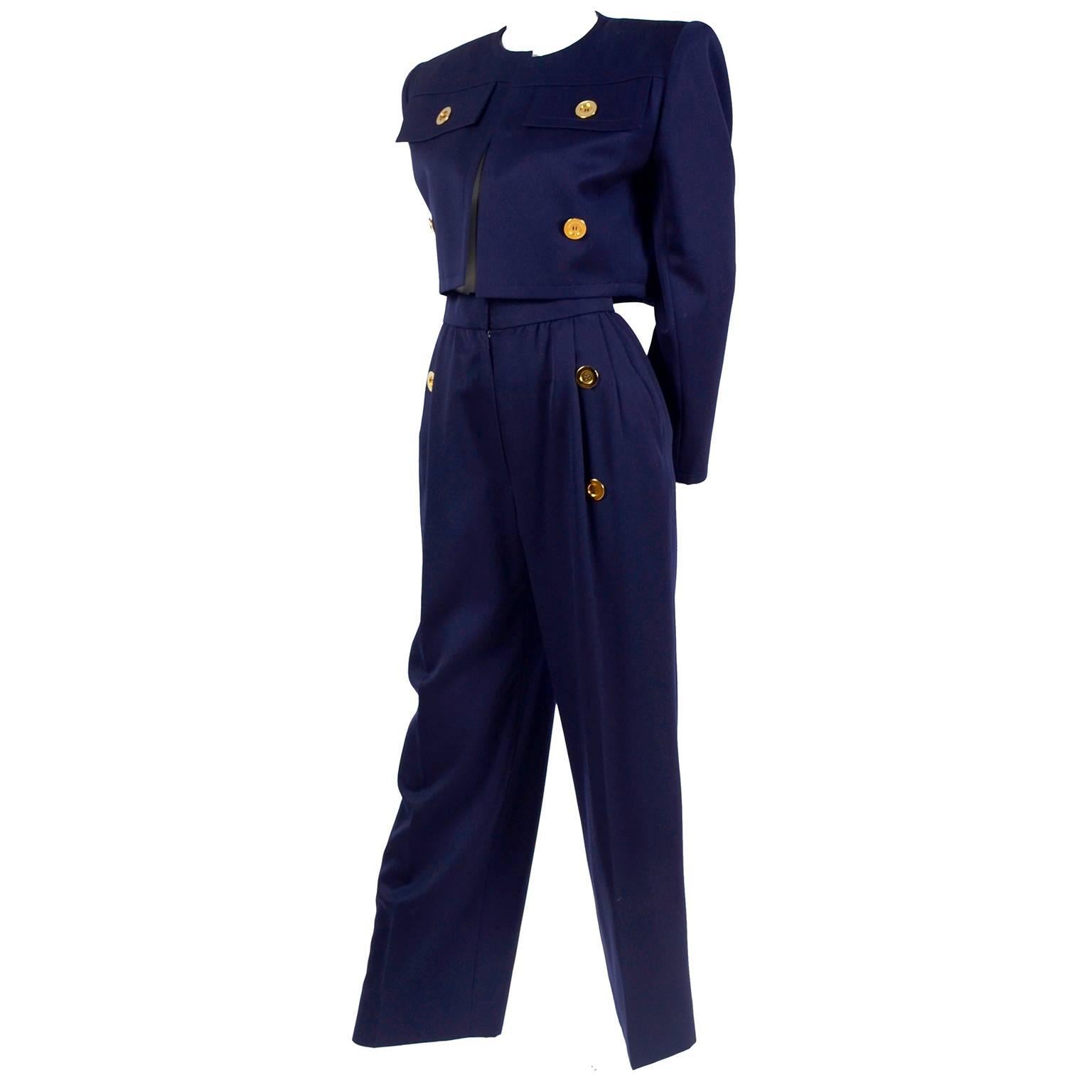 Women's Givenchy Vintage Navy Blue Cropped Jacket and High Waist Pantsuit, 1980s