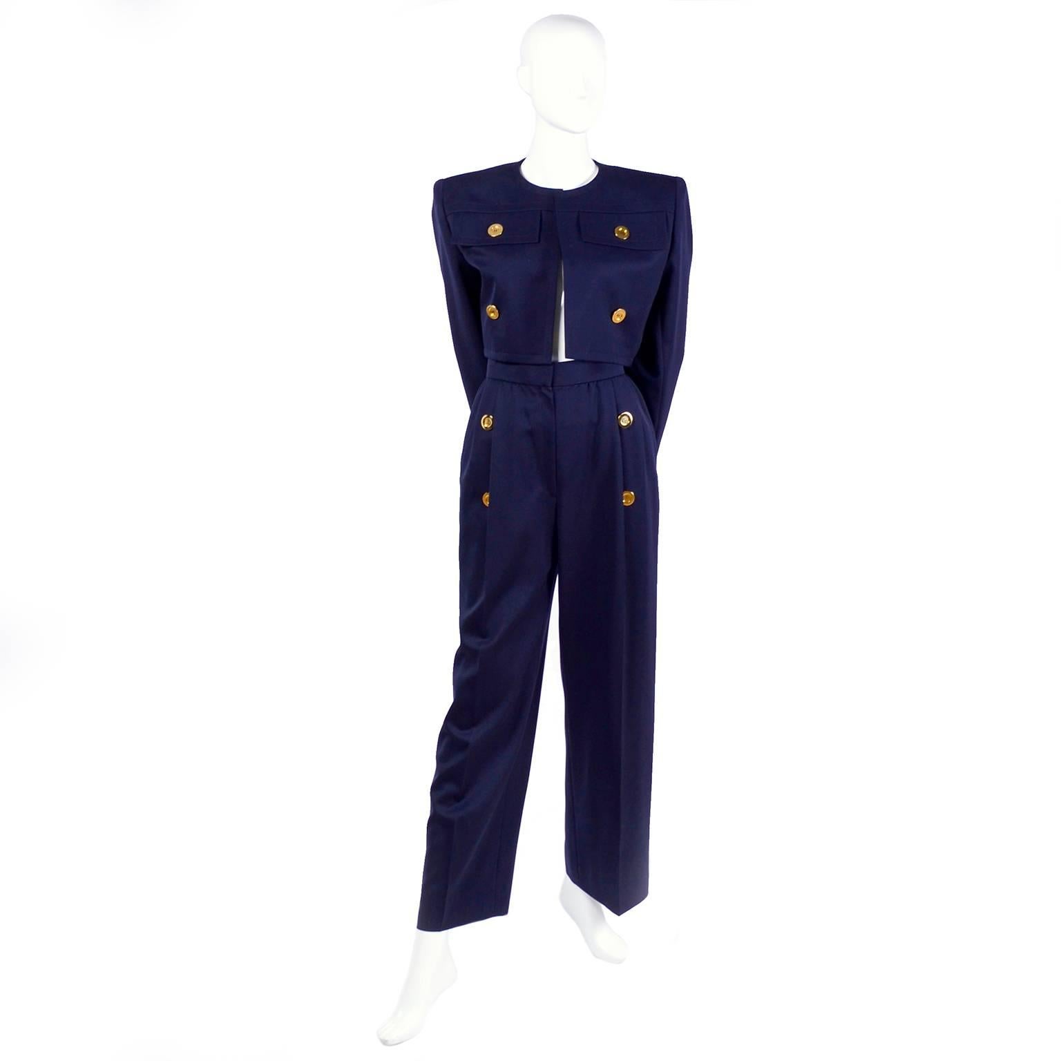 Givenchy Vintage Navy Blue Cropped Jacket and High Waist Pantsuit, 1980s 1