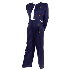 Givenchy Vintage Navy Blue Cropped Jacket and High Waist Pantsuit, 1980s