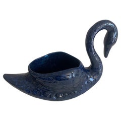 1980s Vintage Glossy Glam Rare Navy Large Swan Ceramic Planter