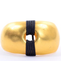 1980s Vintage Gold Plated Cuff Modern Bracelet With Black Band Details