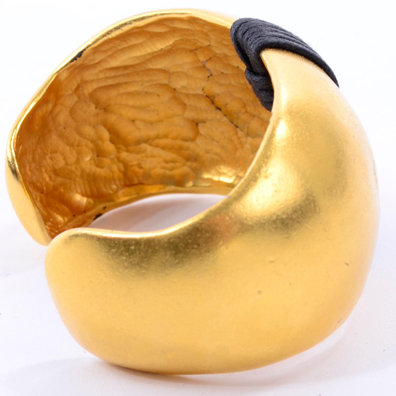 Women's 1980s Vintage Gold Plated Cuff Modern Bracelet With Black Band Details For Sale