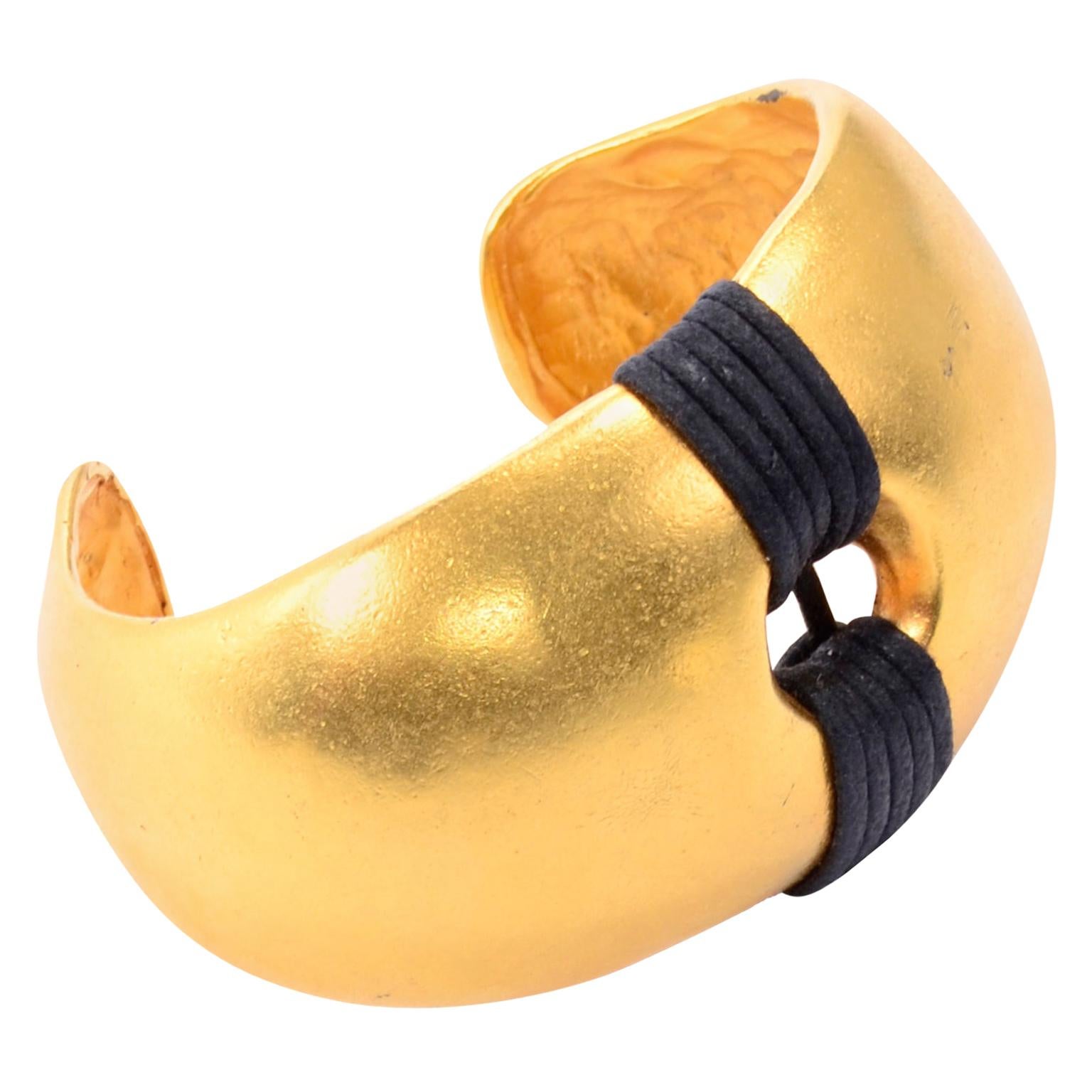 1980s Vintage Gold Plated Cuff Modern Bracelet With Black Band Details For Sale