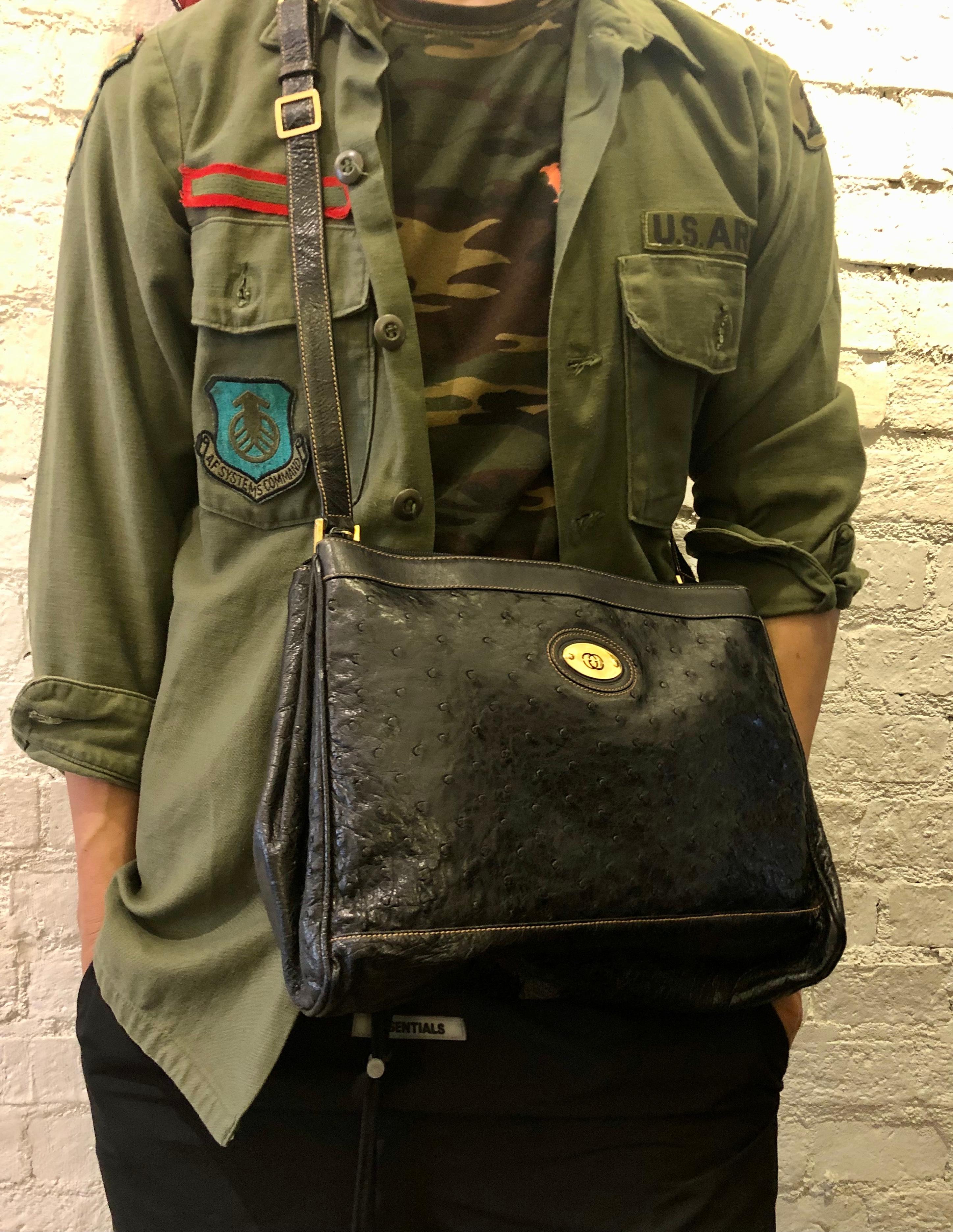Men's 1980s Vintage GUCCI Black Ostrich Leather Messenger Bag Men
