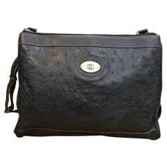 1980s Retro GUCCI Black Ostrich Leather Messenger Bag Men