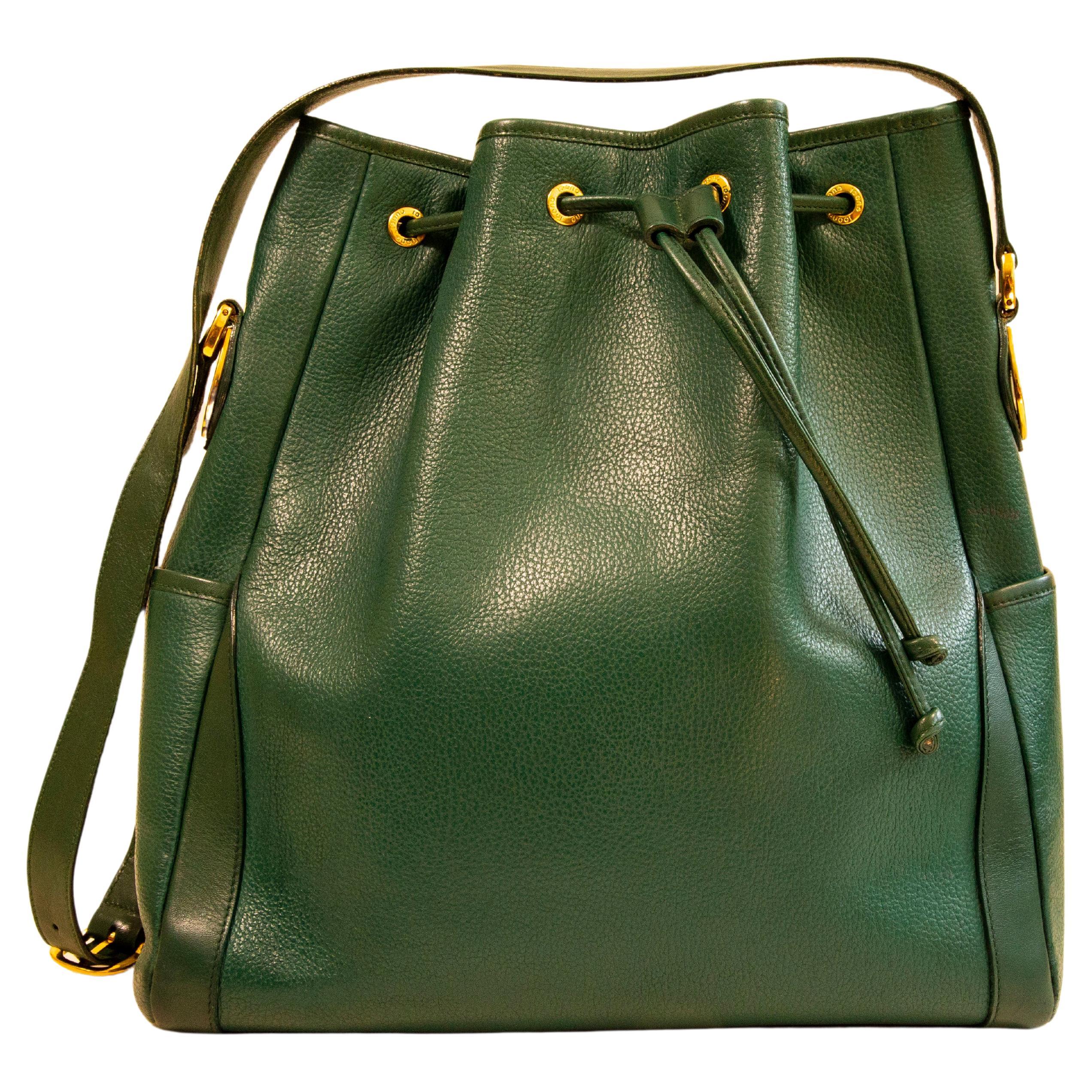 1980s Vintage Gucci Bucket Bag in Green Leather