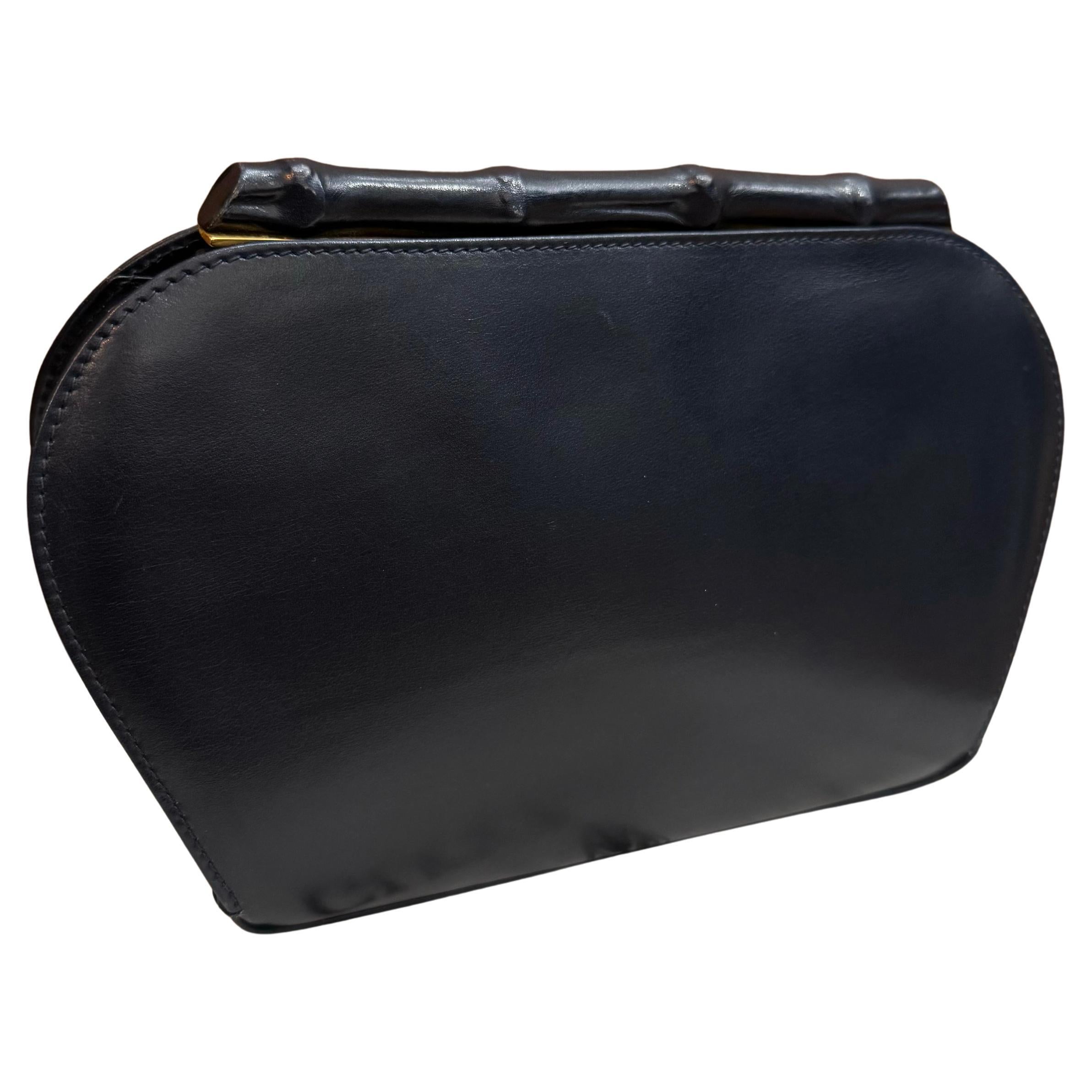 1980s Vintage GUCCI Calfskin Leather Bamboo Clutch Bag Navy For Sale