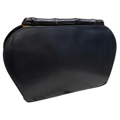 1980s Vintage GUCCI Calfskin Leather Bamboo Clutch Bag Navy