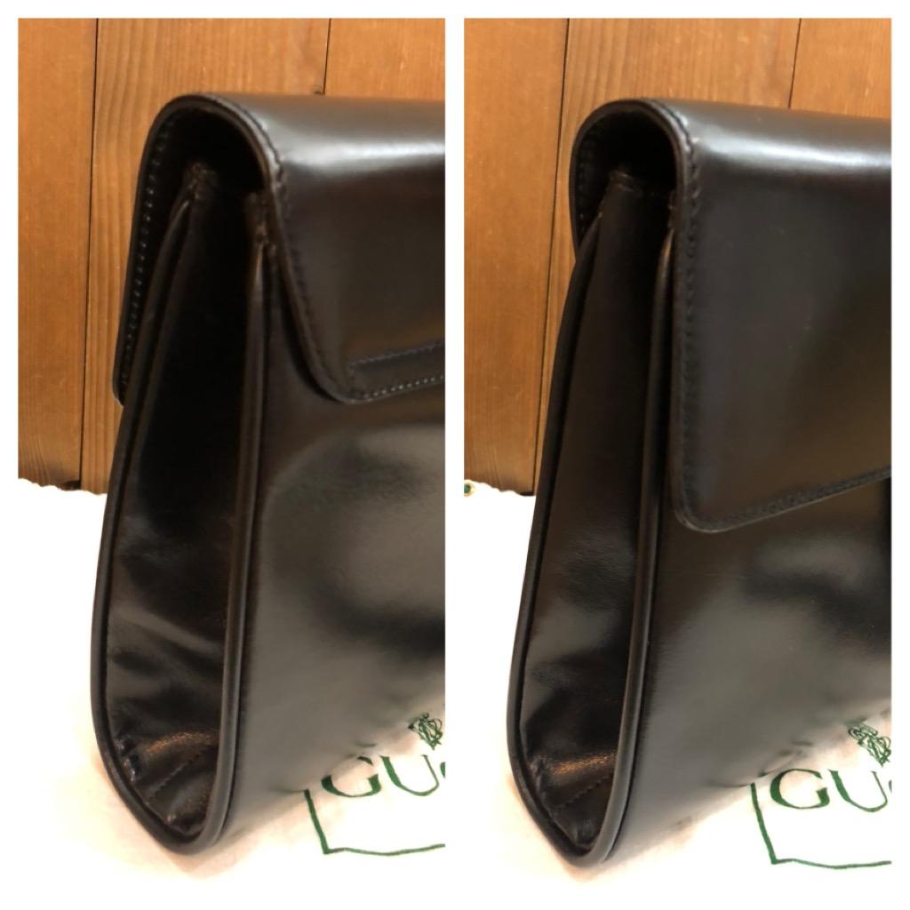 1980s Vintage GUCCI Crest Calfskin Leather Two-Way Clutch Crossbody Bag Black 1