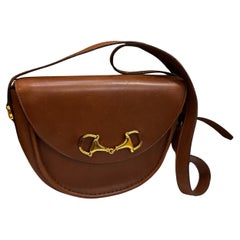 1980s Vintage GUCCI Horsebit Cowhide Leather Structured Crossbody Bag Brown