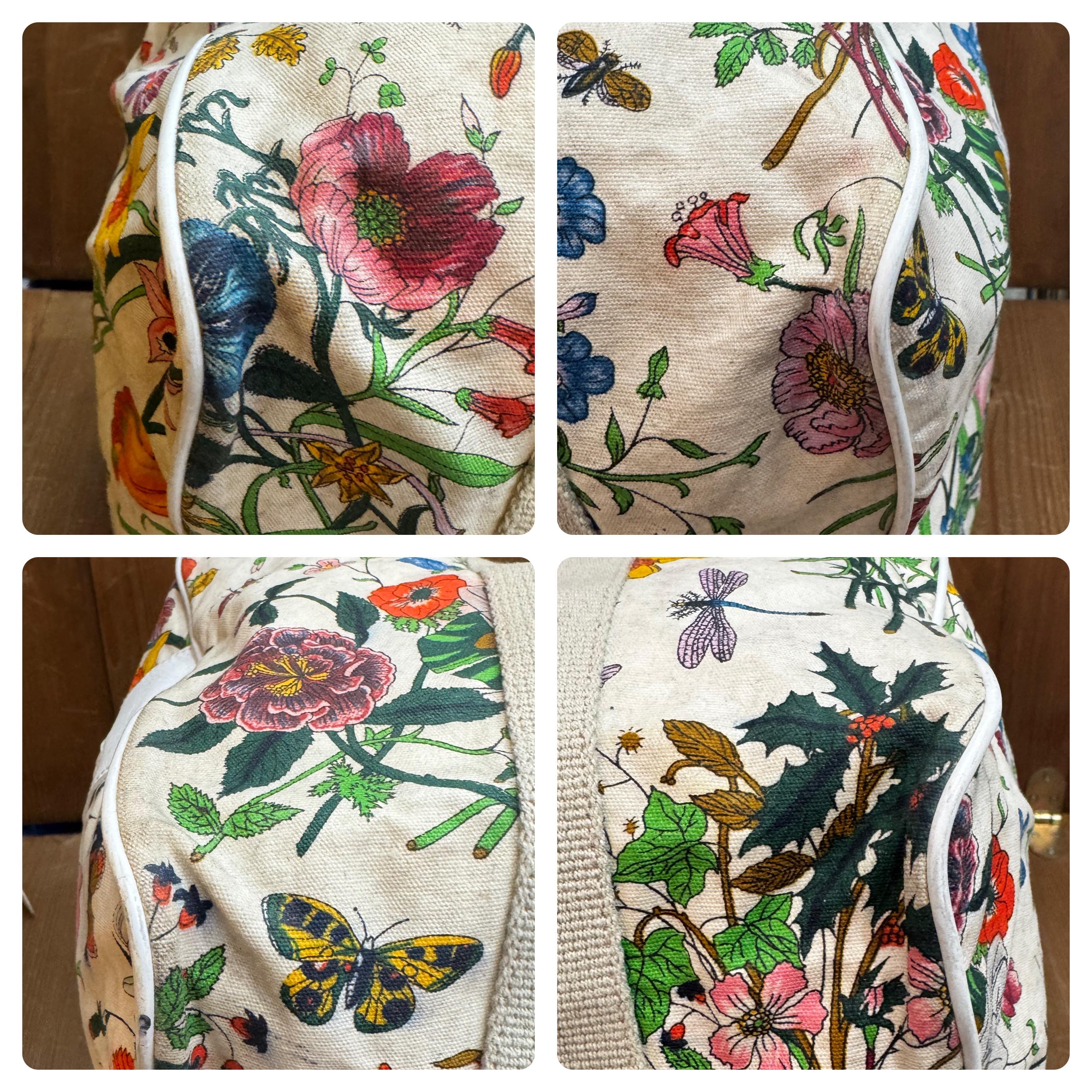 1980s Vintage GUCCI Floral Canvas Foldable Duffle Bag Off-White In Good Condition For Sale In Bangkok, TH