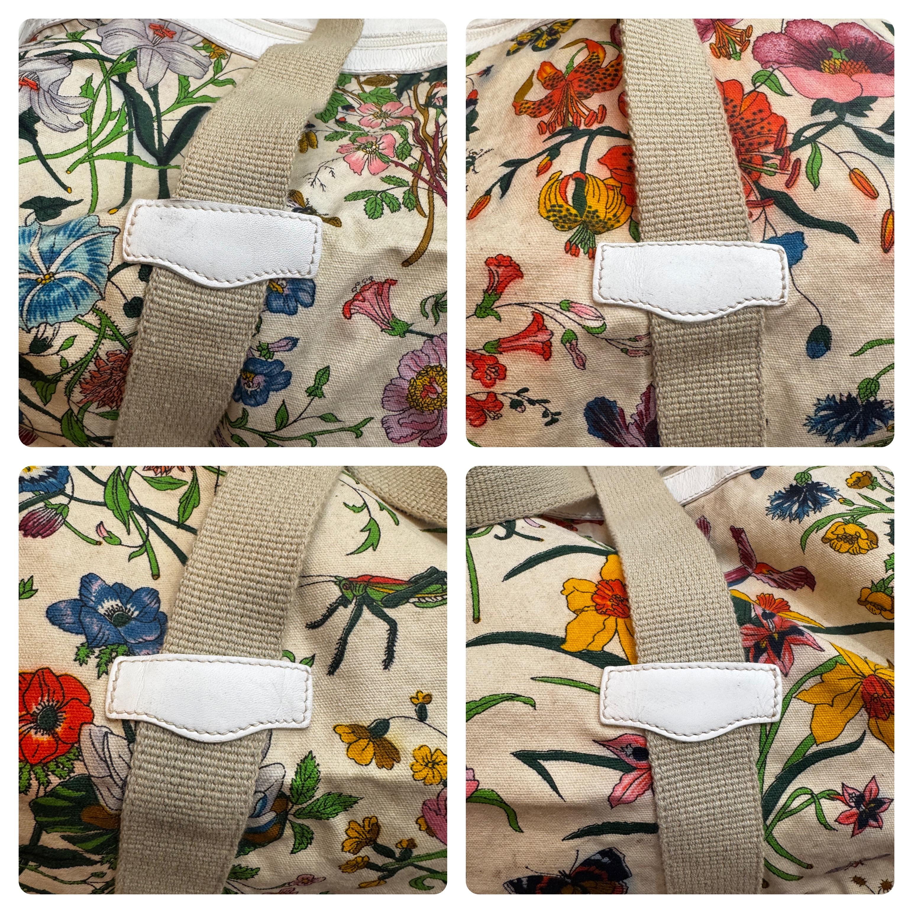 Women's or Men's 1980s Vintage GUCCI Floral Canvas Foldable Duffle Bag Off-White For Sale