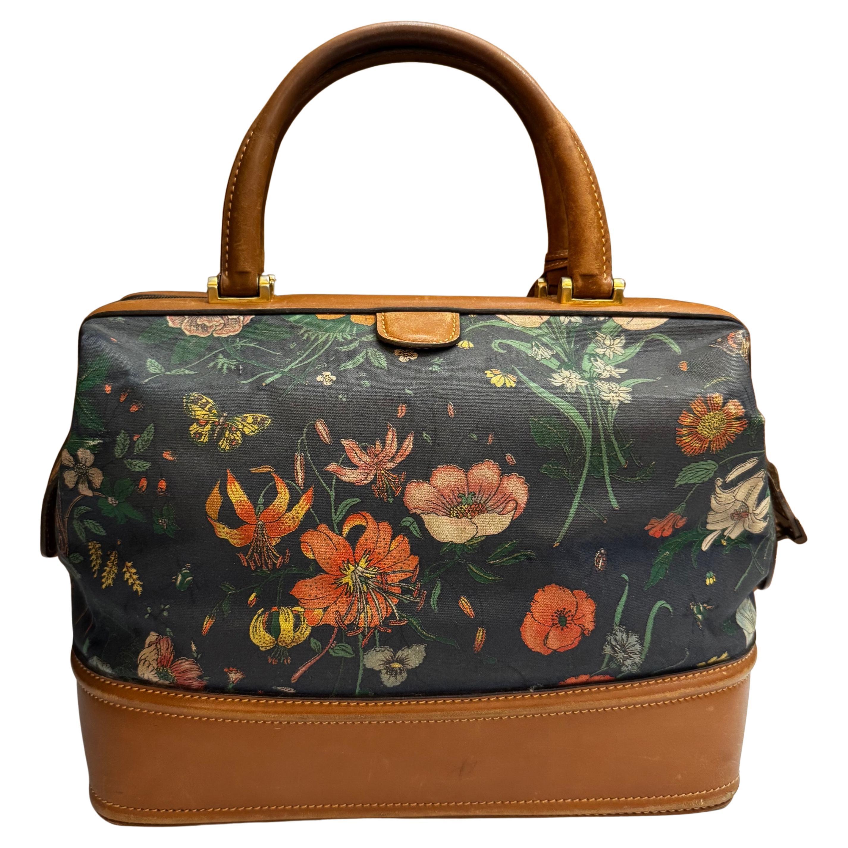 Black 1980s Vintage GUCCI Floral Canvas Vanity Train Case