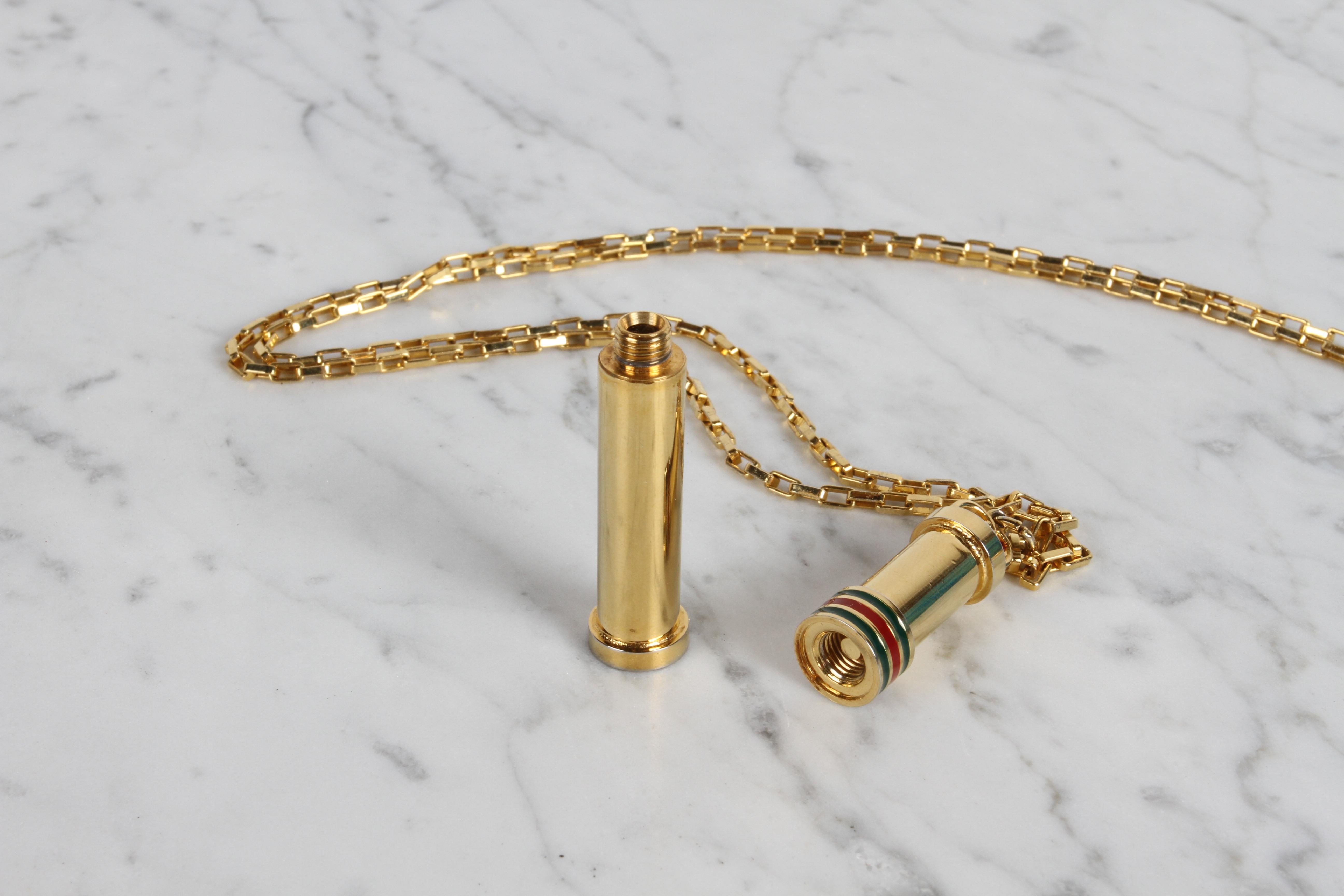 1980s Vintage GUCCI Gold Plated Necklace Perfume Bottle Stick Pendant NOS in Box For Sale 1