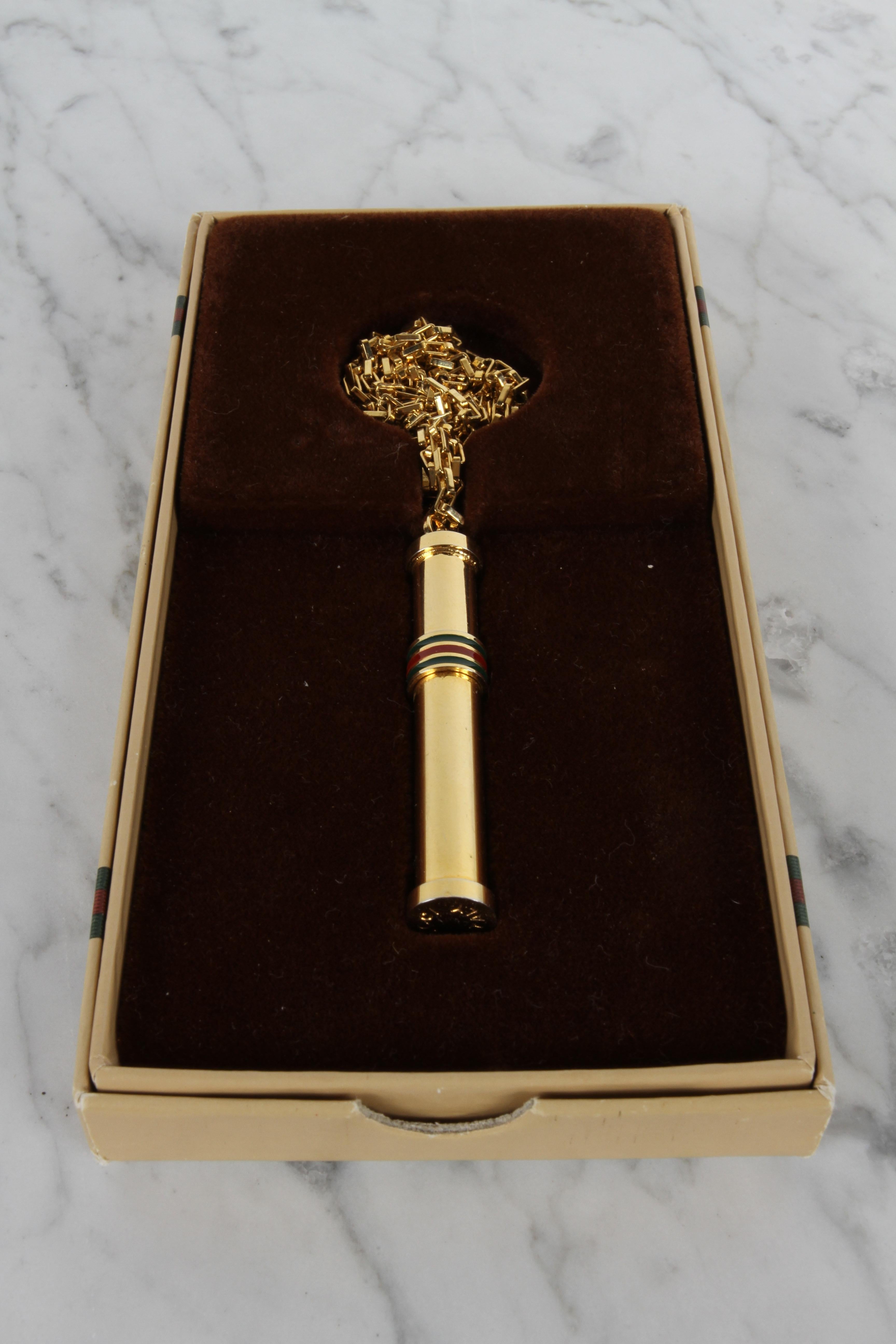 1980s Vintage GUCCI Gold Plated Necklace Perfume Bottle Stick Pendant NOS in Box In Excellent Condition For Sale In St. Louis, MO