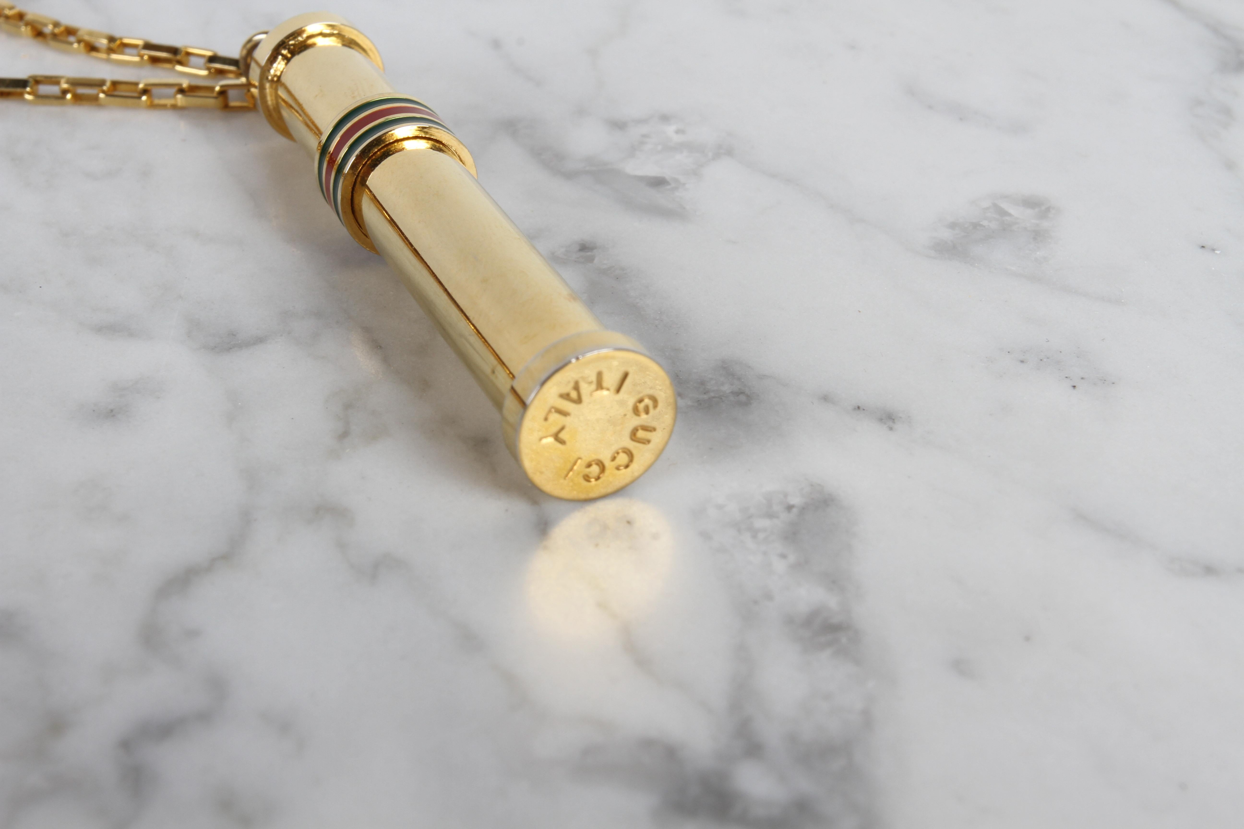 Italian 1980s Vintage GUCCI Gold Plated Necklace Perfume Bottle Stick Pendant NOS in Box For Sale