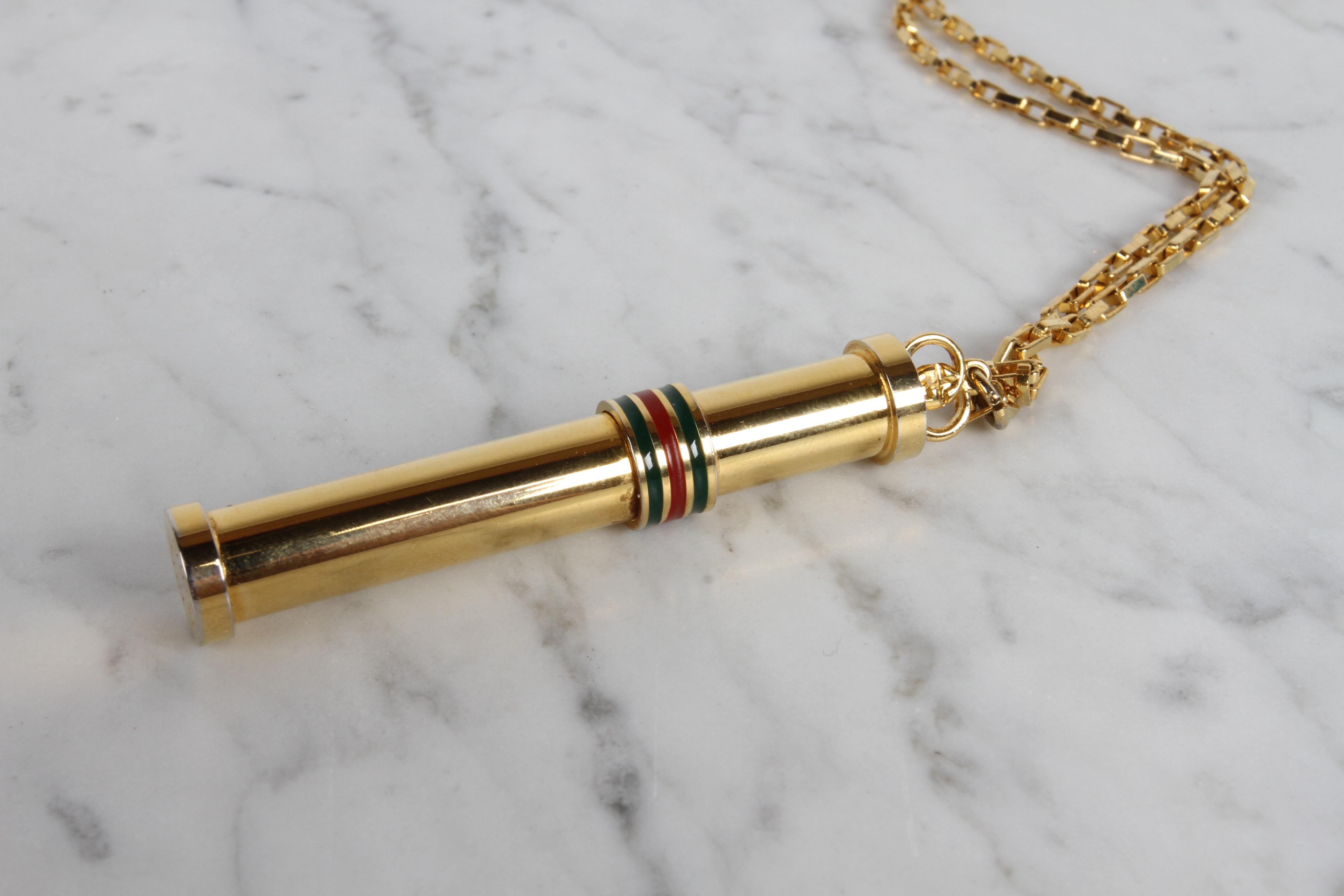 1980s Vintage GUCCI Gold Plated Necklace Perfume Bottle Stick Pendant NOS in Box In Excellent Condition For Sale In St. Louis, MO