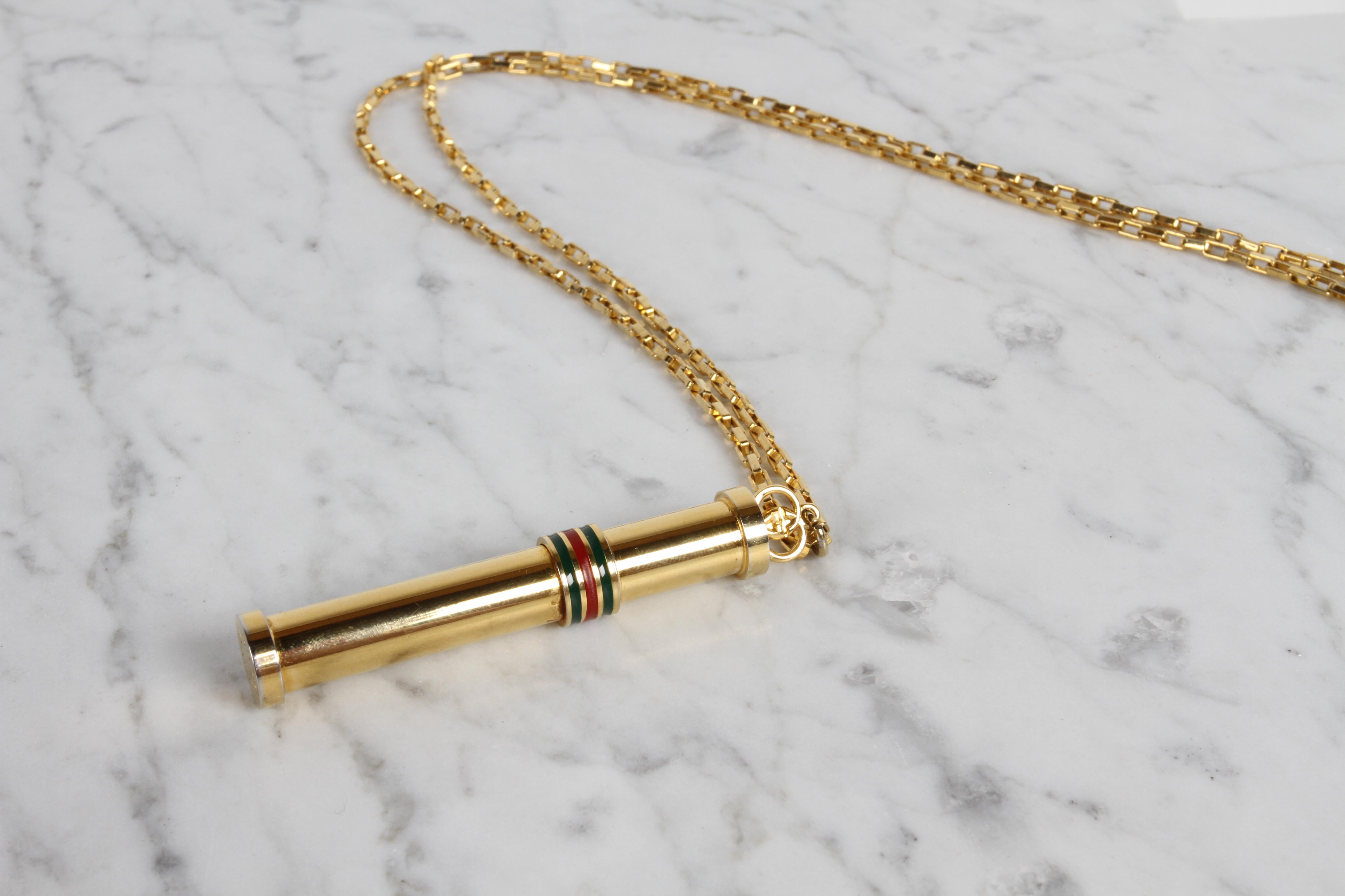 Late 20th Century 1980s Vintage GUCCI Gold Plated Necklace Perfume Bottle Stick Pendant NOS in Box For Sale