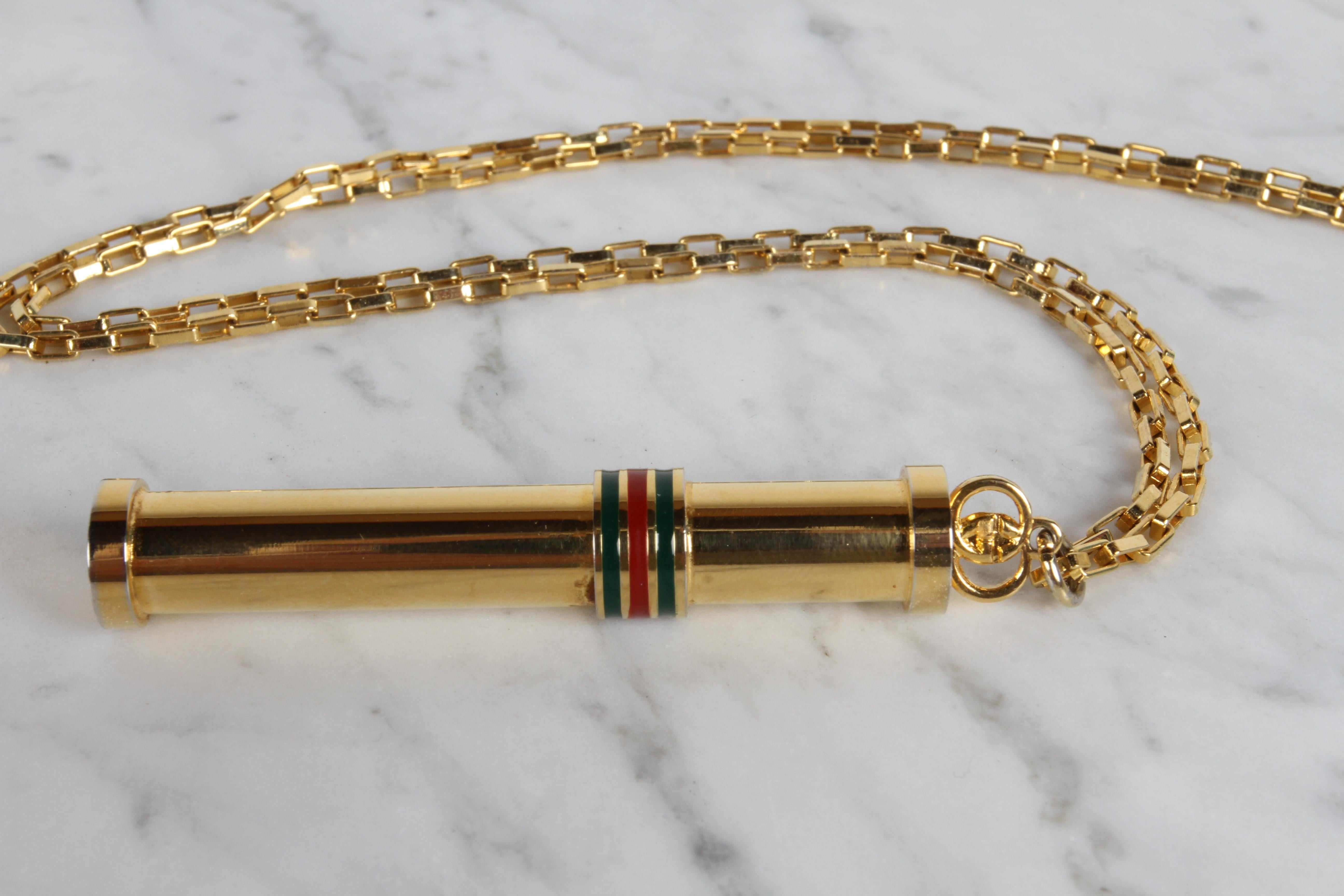 1980s Vintage GUCCI Gold Plated Necklace Perfume Bottle Stick Pendant NOS in Box For Sale 3