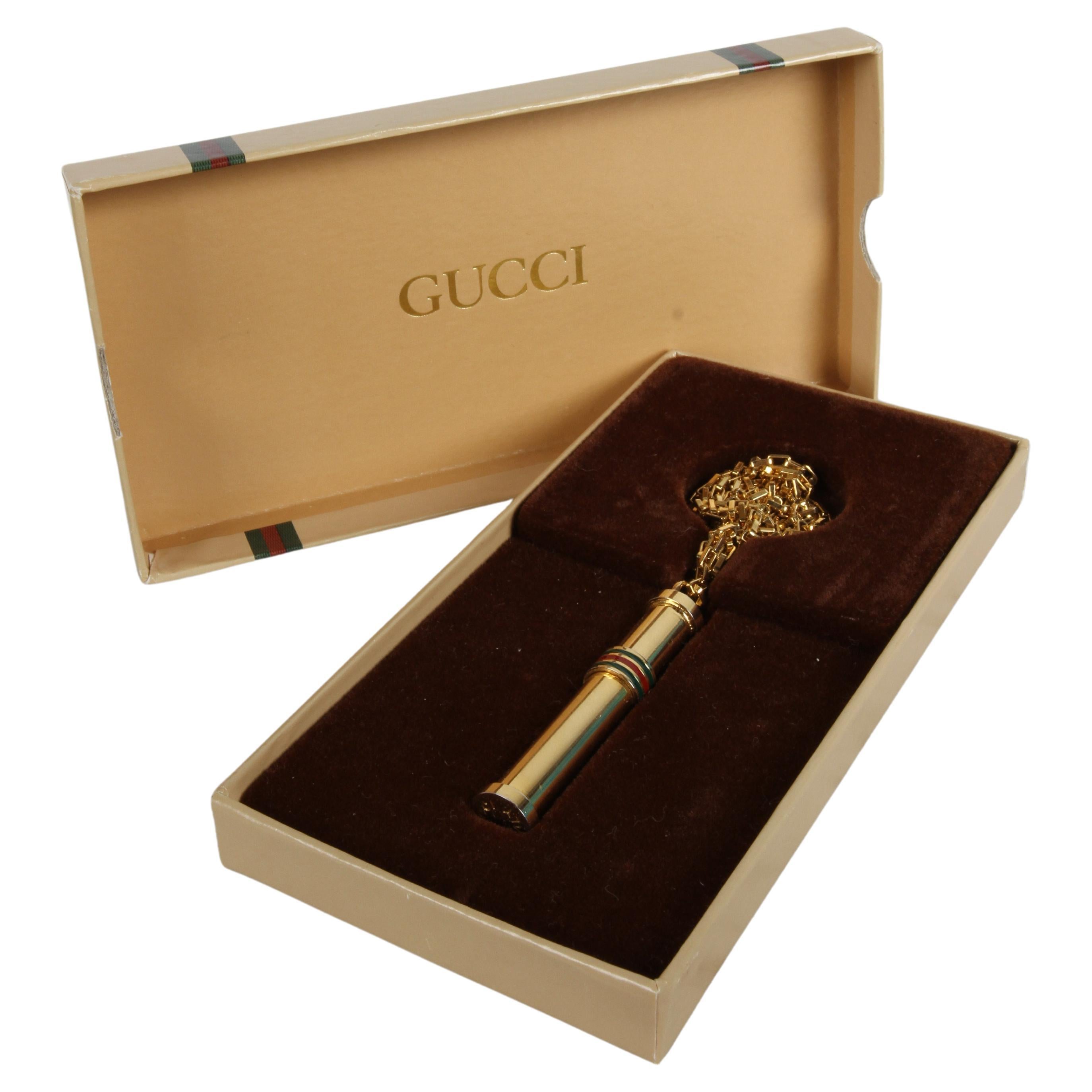 1980s Vintage GUCCI Gold Plated Necklace Perfume Bottle Stick Pendant NOS in Box For Sale