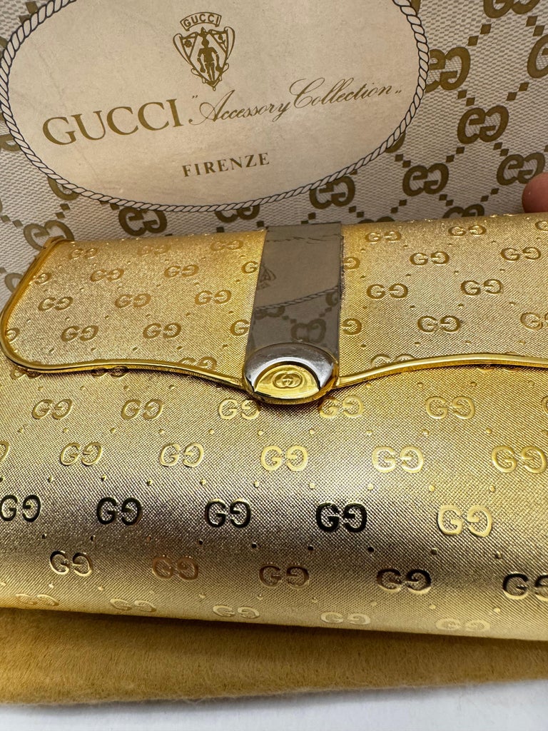 1980s Vintage GUCCI Gold Toned Metallic Clutch Crossbody Bag at