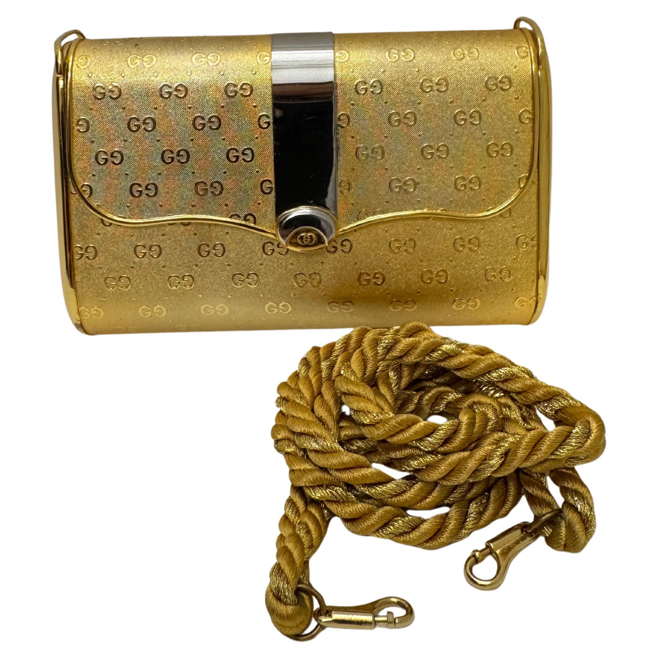 Brown 1980s Vintage GUCCI Gold Toned Metallic Clutch Crossbody Bag