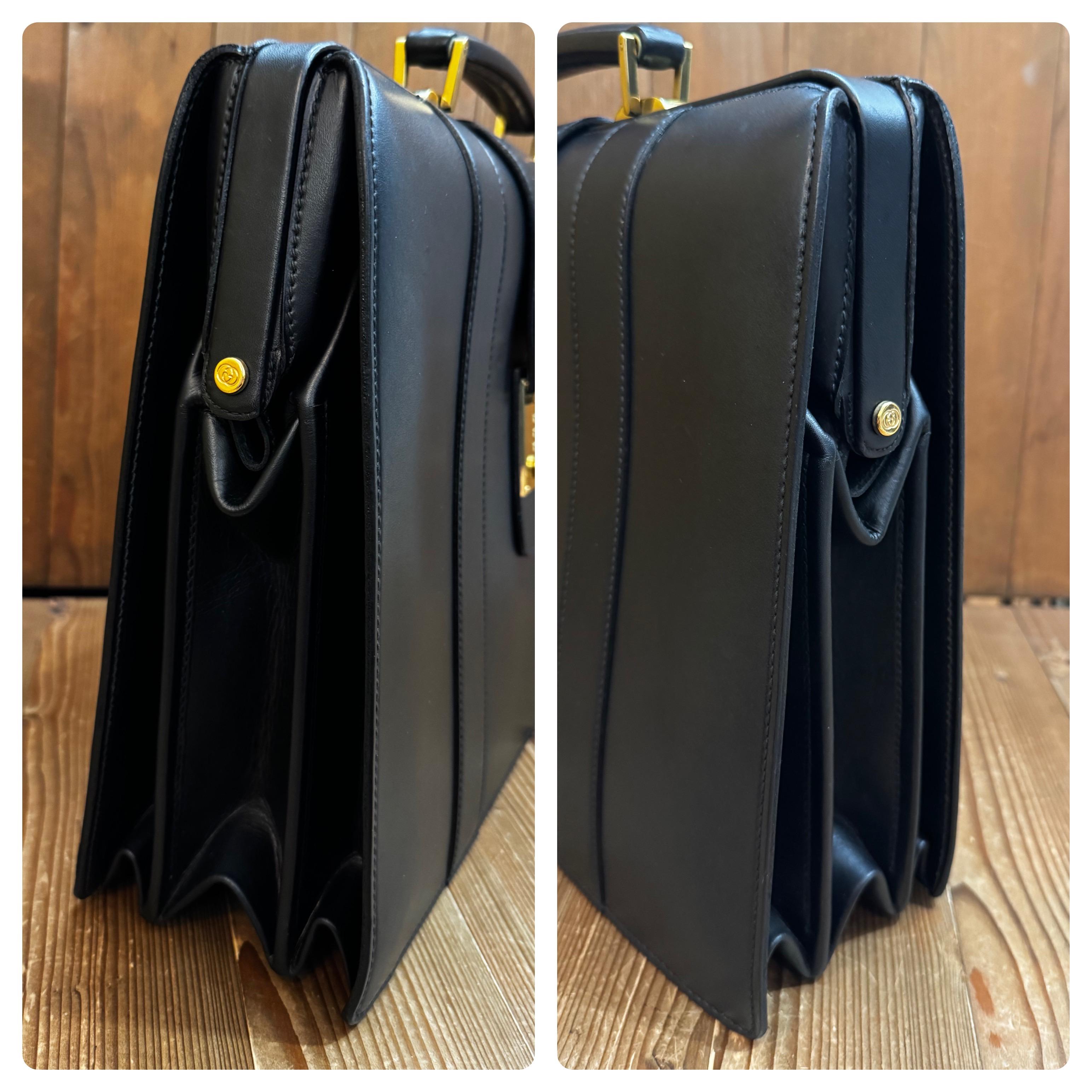 1980s Vintage GUCCI Leather Business Bag Briefcase Attaché Black Calfskin For Sale 2