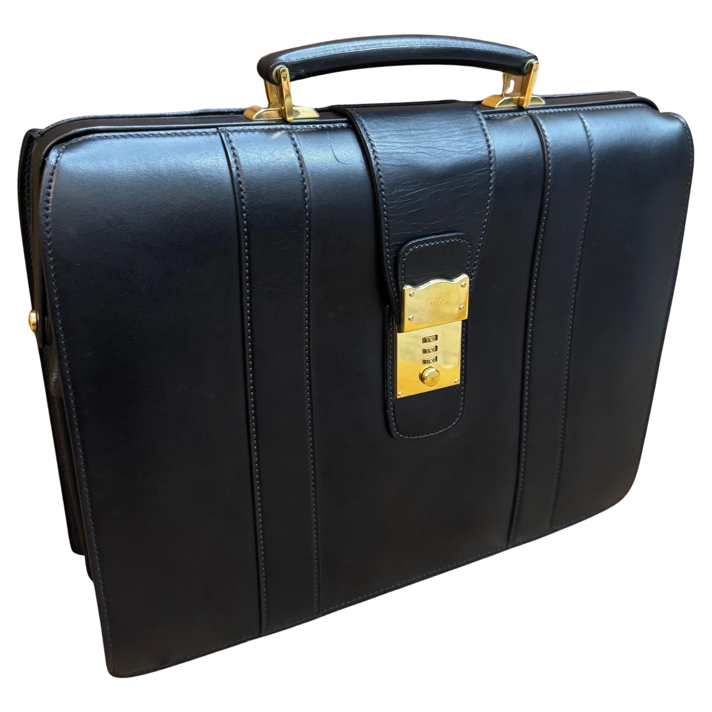 1980s Vintage GUCCI Leather Business Bag Briefcase Attaché Black Calfskin