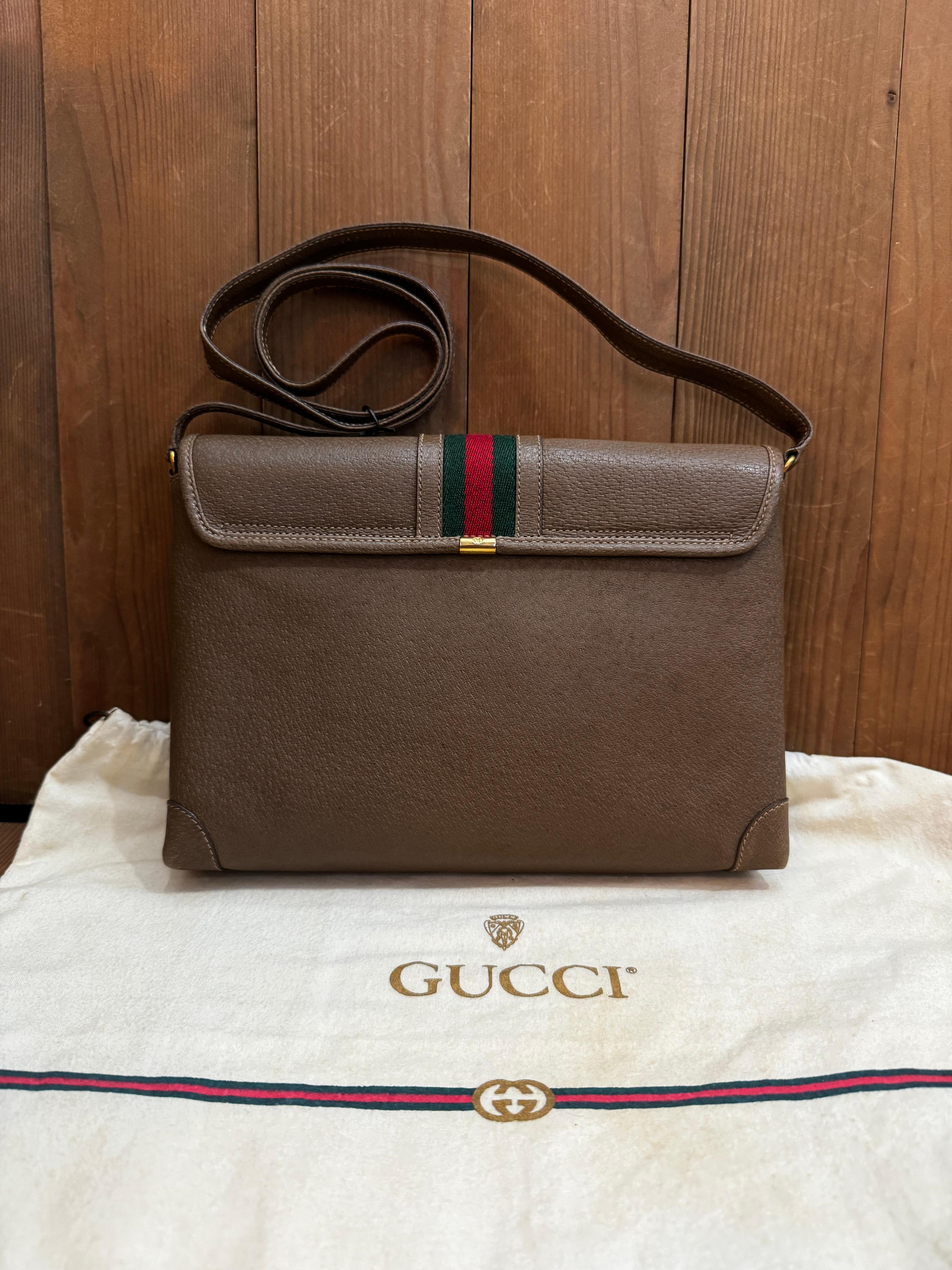 1980s Vintage GUCCI Web Camera Bag Pigskin Leather Brown 5
