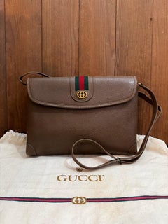 1980s Vintage GUCCI Web Camera Bag Pigskin Leather Brown