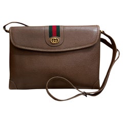 1980s Vintage GUCCI Web Camera Bag Pigskin Leather Brown