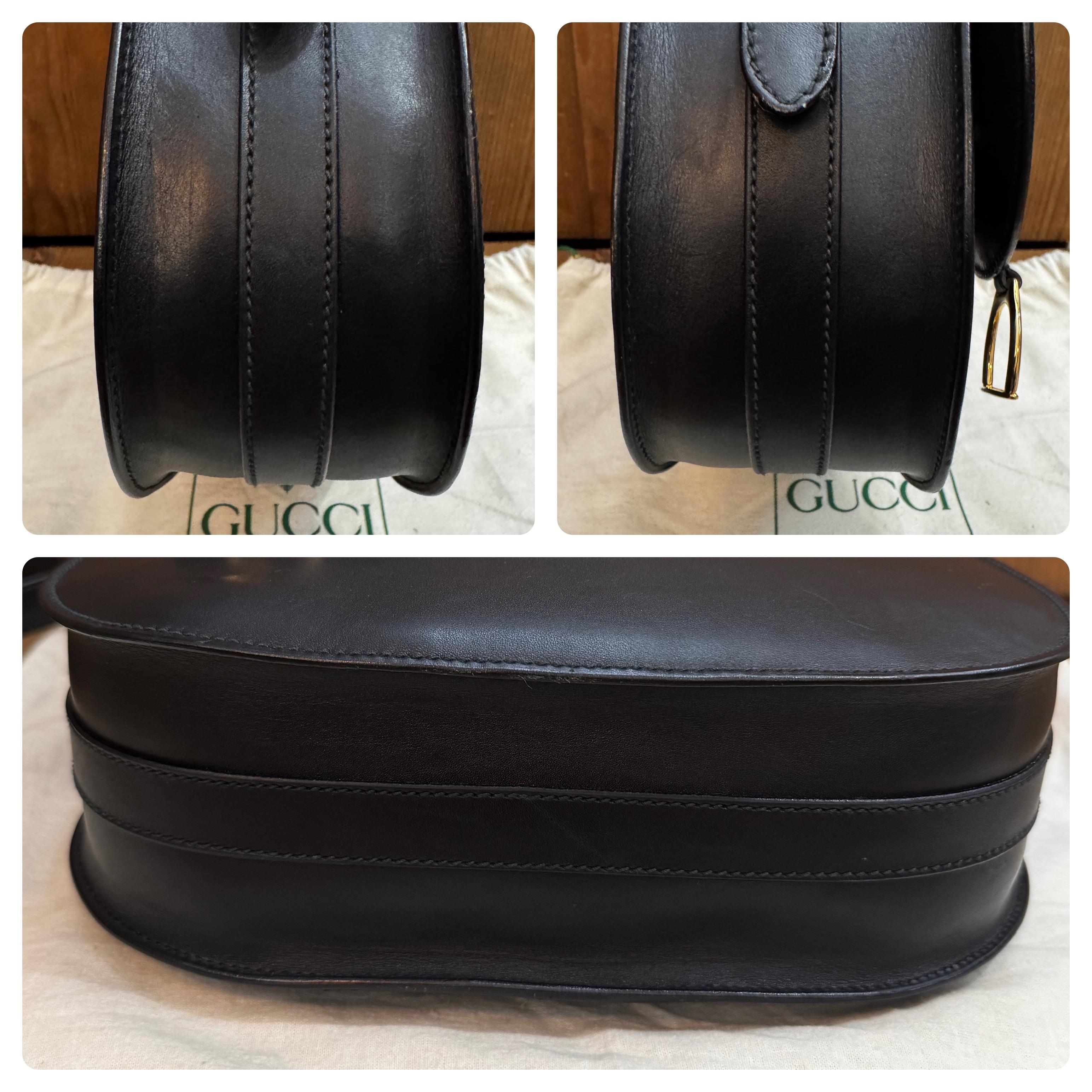1980s Vintage GUCCI Leather Saddle Structured Shoulder Bag Black Equestrian 2