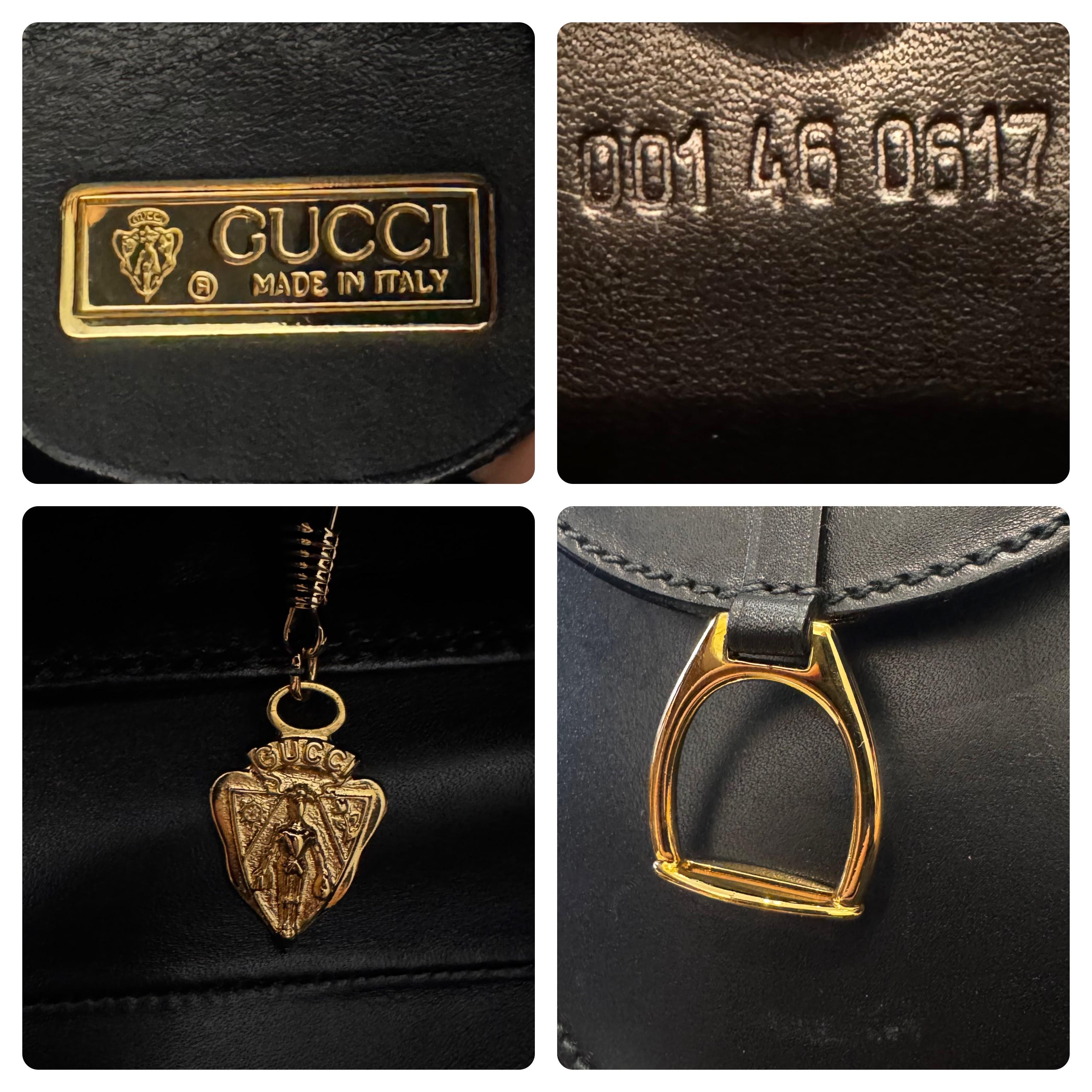 1980s Vintage GUCCI Leather Saddle Structured Shoulder Bag Black Equestrian 3