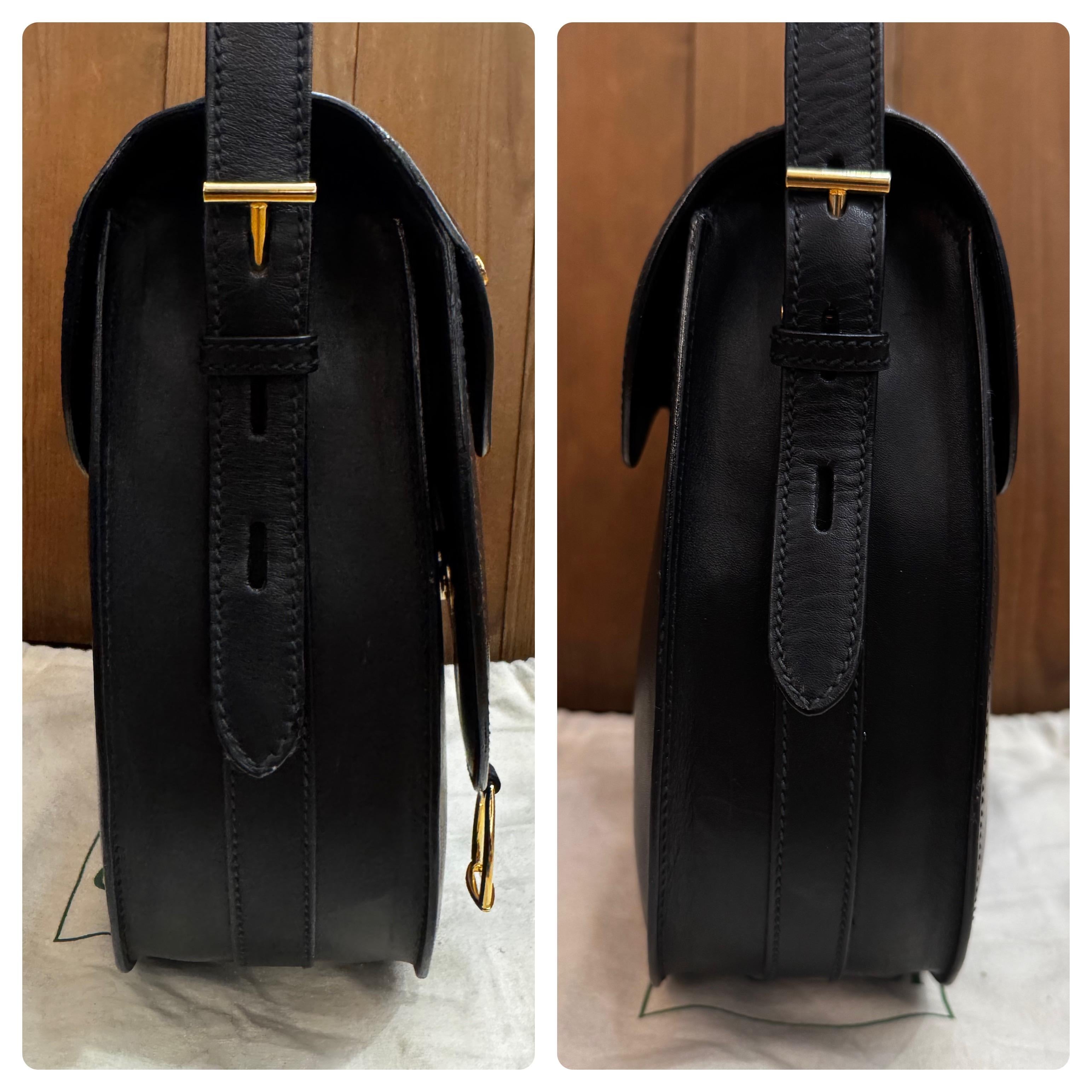 1980s Vintage GUCCI Leather Saddle Structured Shoulder Bag Black Equestrian 4