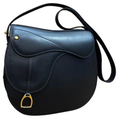 1980s Vintage GUCCI Leather Saddle Structured Shoulder Bag Black Equestrian