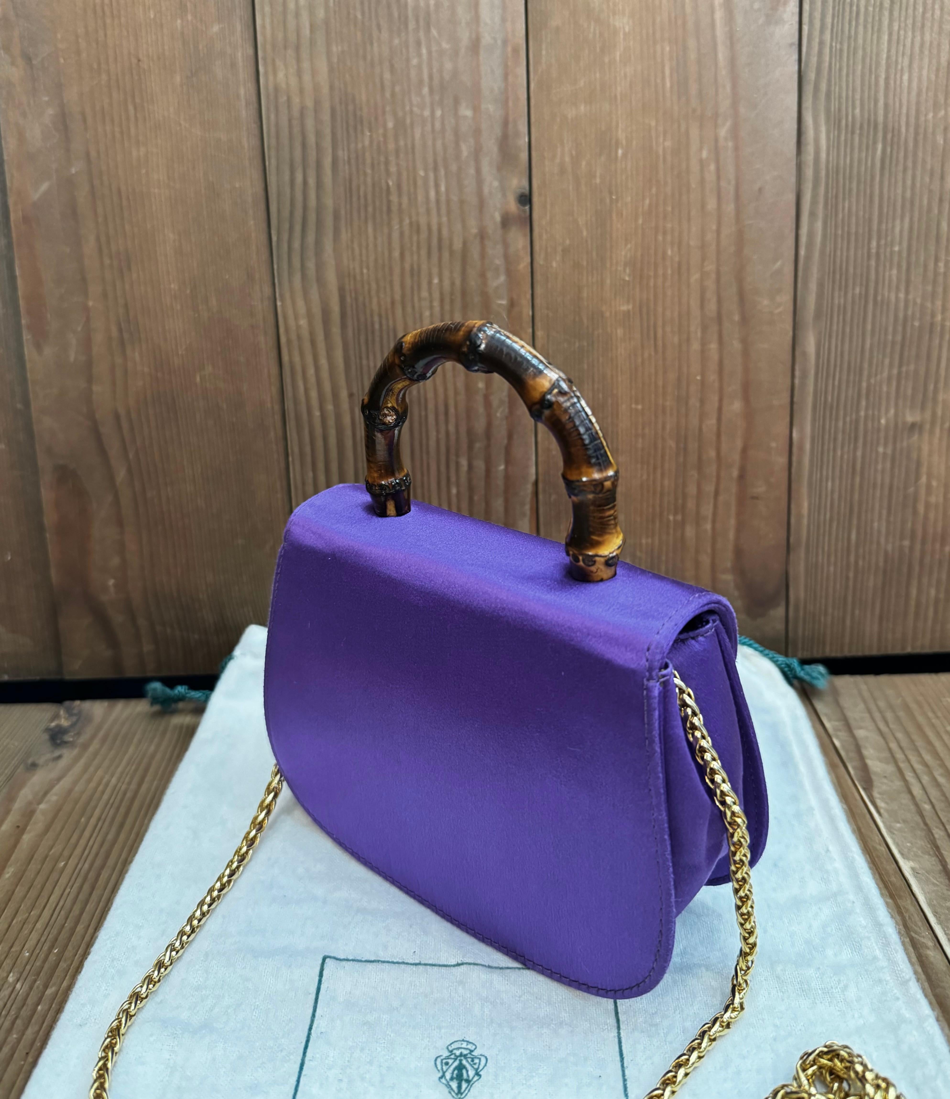 1980s Vintage GUCCI Mini Satin Bamboo Evening Chain Bag Purple Micro Bag For Sale 6