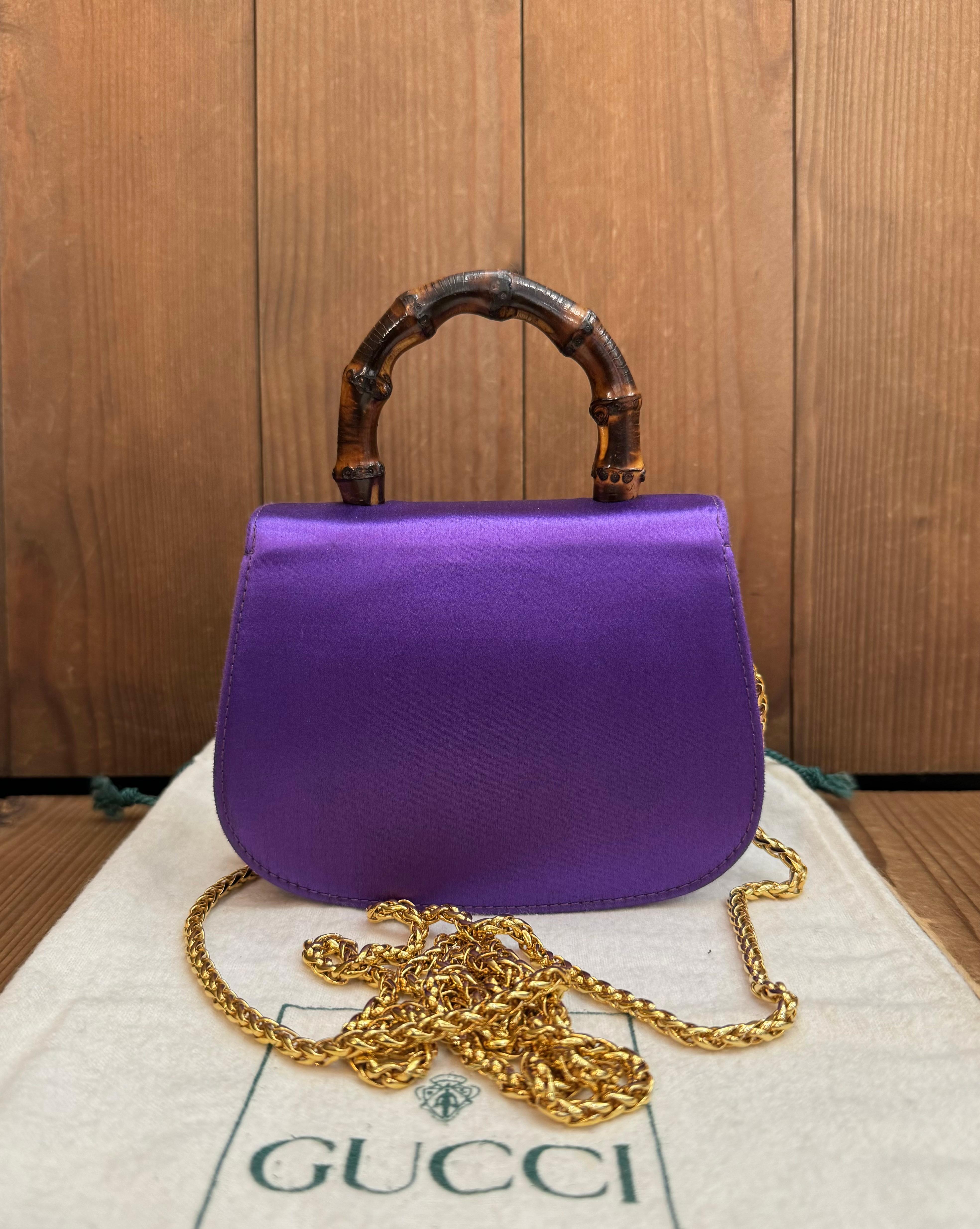 1980s Vintage GUCCI Mini Satin Bamboo Evening Chain Bag Purple Micro Bag In Good Condition For Sale In Bangkok, TH