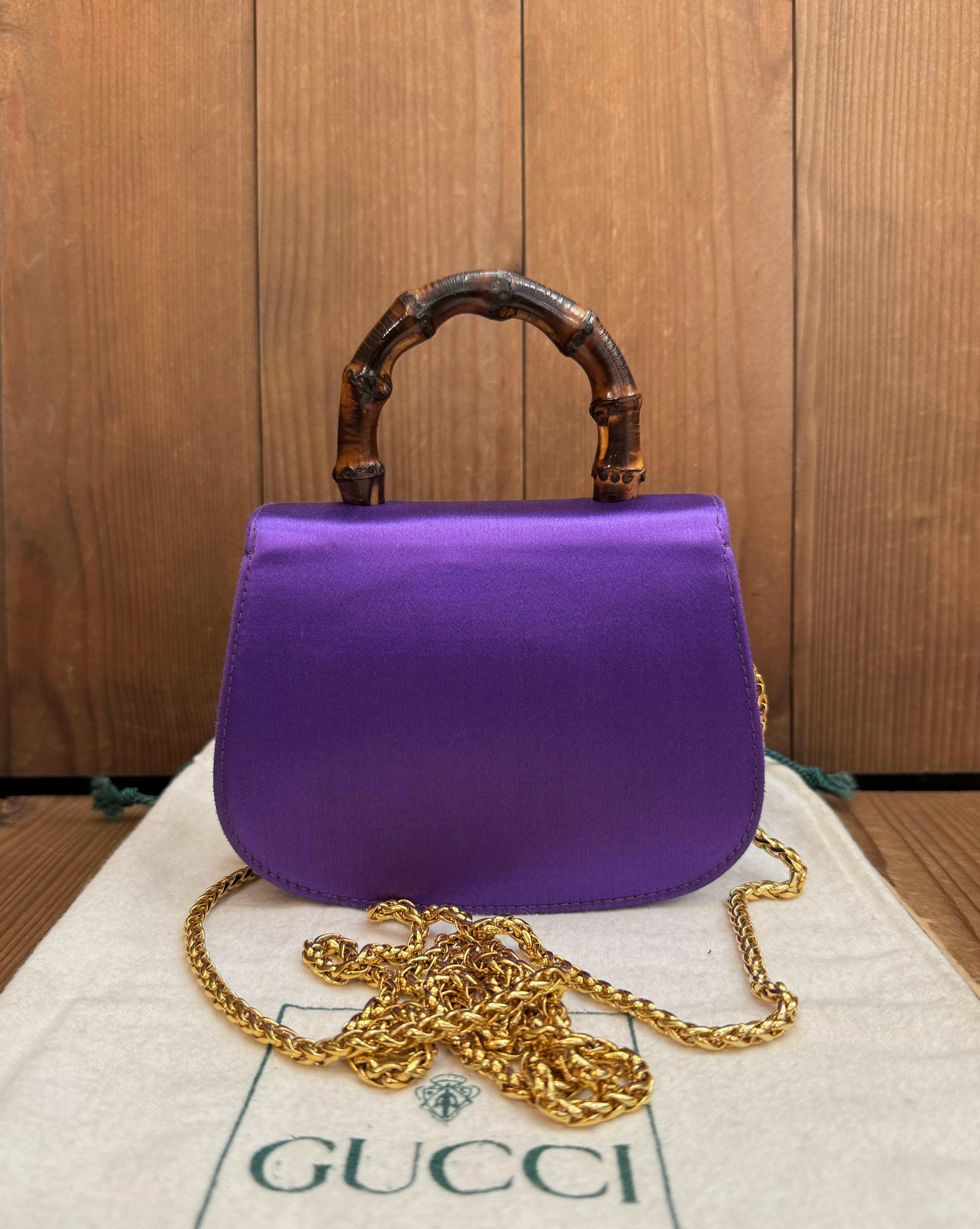 1980s Vintage GUCCI Micro Satin Bamboo Evening Chain Bag Purple Mini In Good Condition For Sale In Bangkok, TH