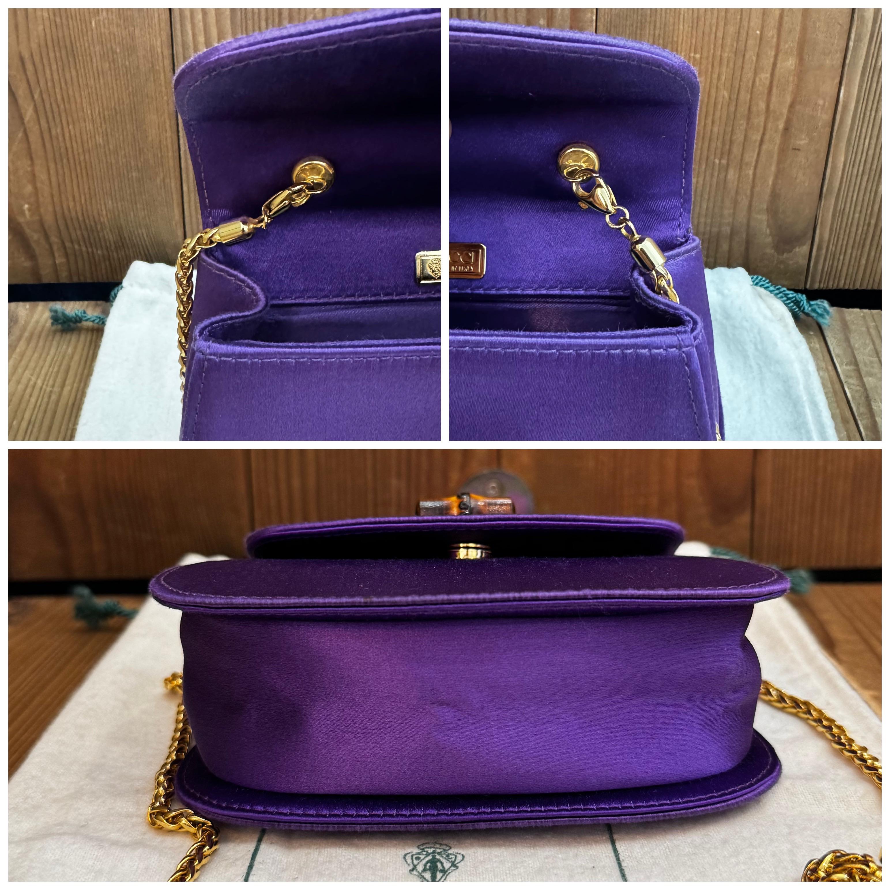 1980s Vintage GUCCI Mini Satin Bamboo Evening Chain Bag Purple Micro Bag For Sale 1