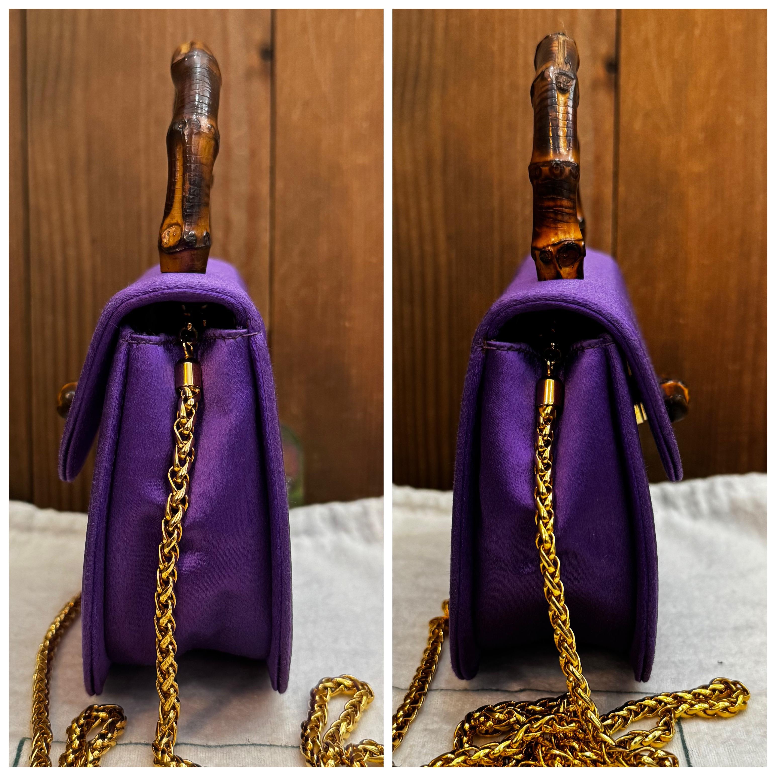 1980s Vintage GUCCI Micro Satin Bamboo Evening Chain Bag Purple Mini For Sale 2