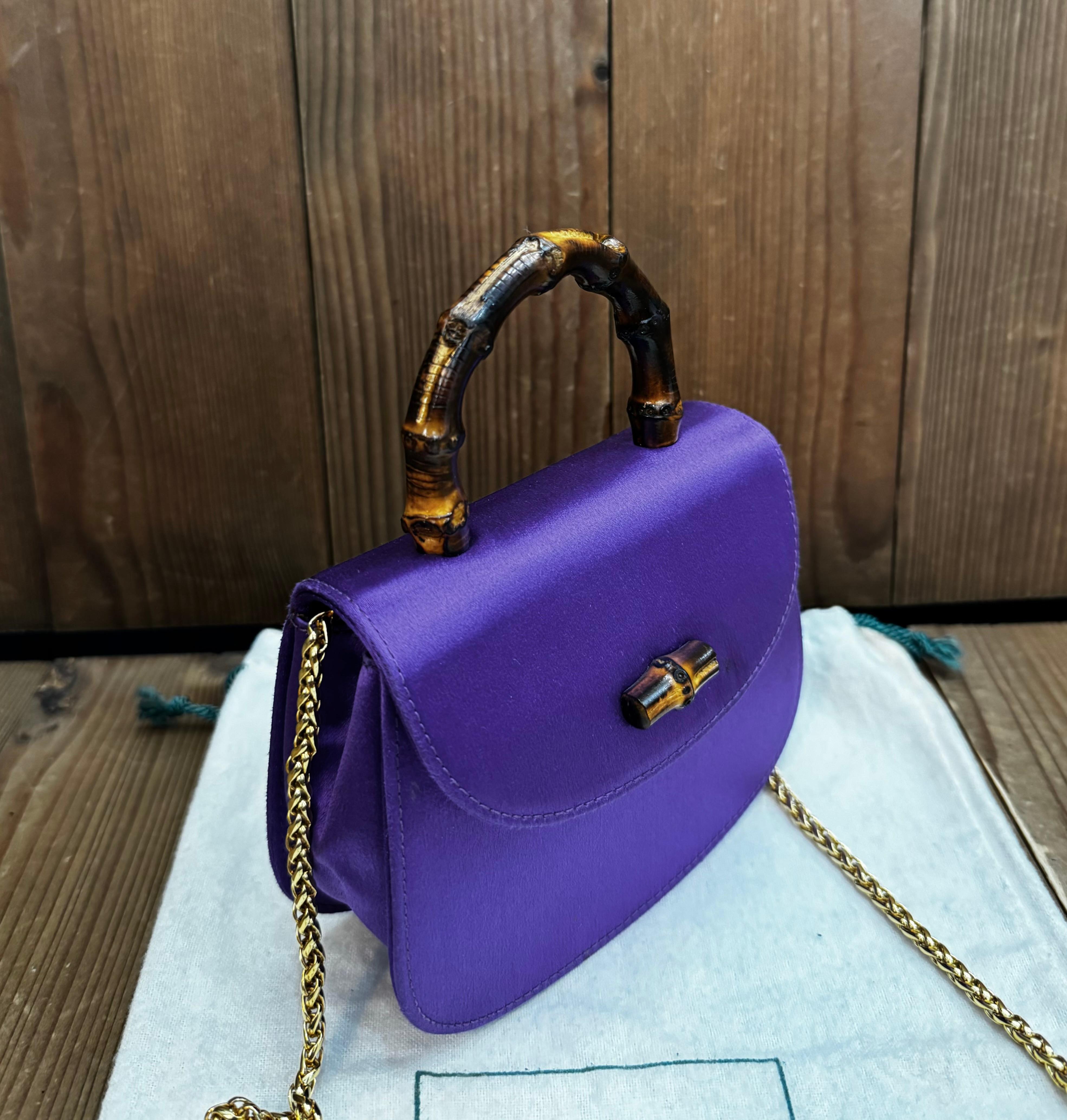 1980s Vintage GUCCI Mini Satin Bamboo Evening Chain Bag Purple Micro Bag For Sale 3