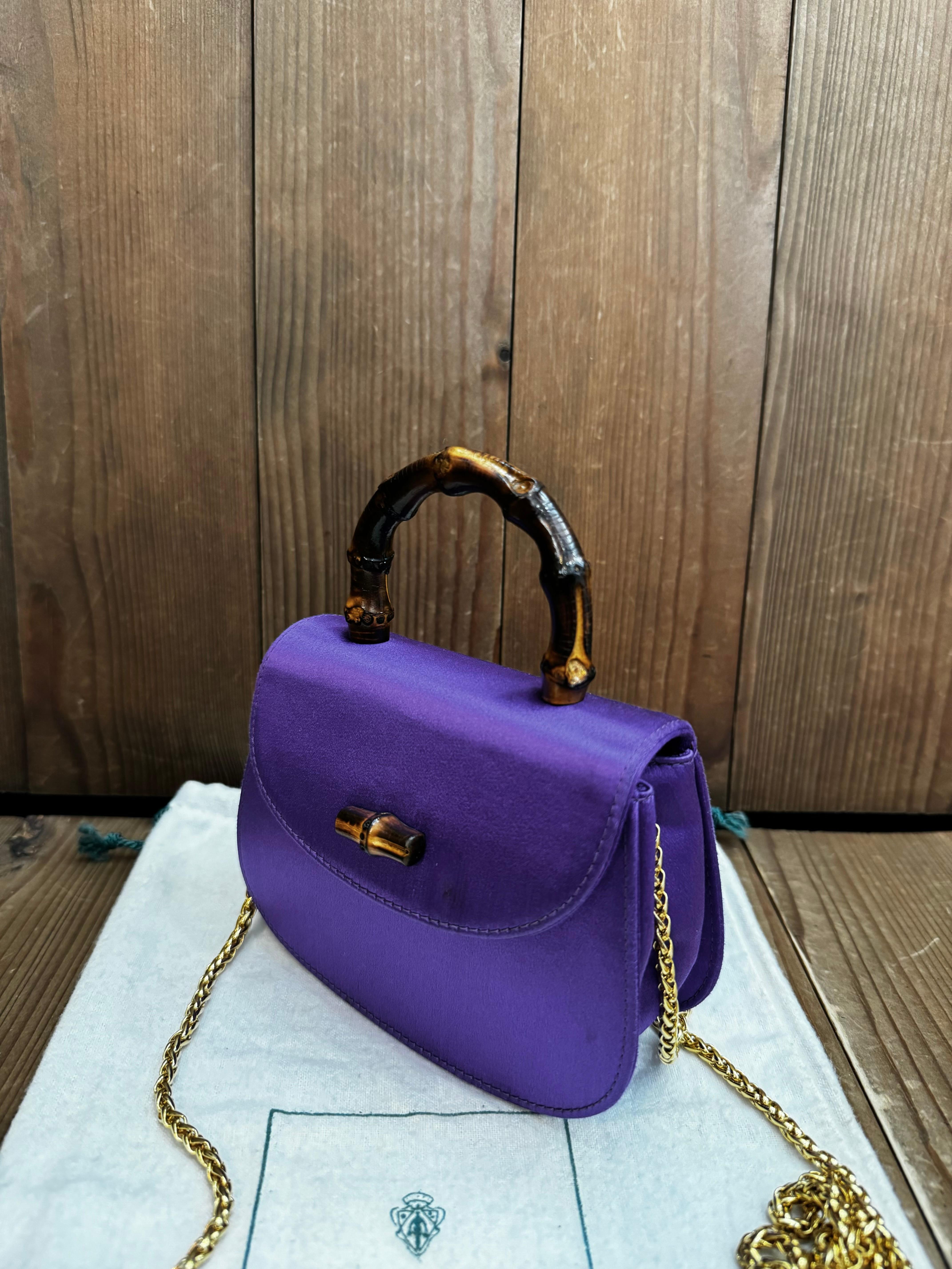 1980s Vintage GUCCI Mini Satin Bamboo Evening Chain Bag Purple Micro Bag For Sale 4