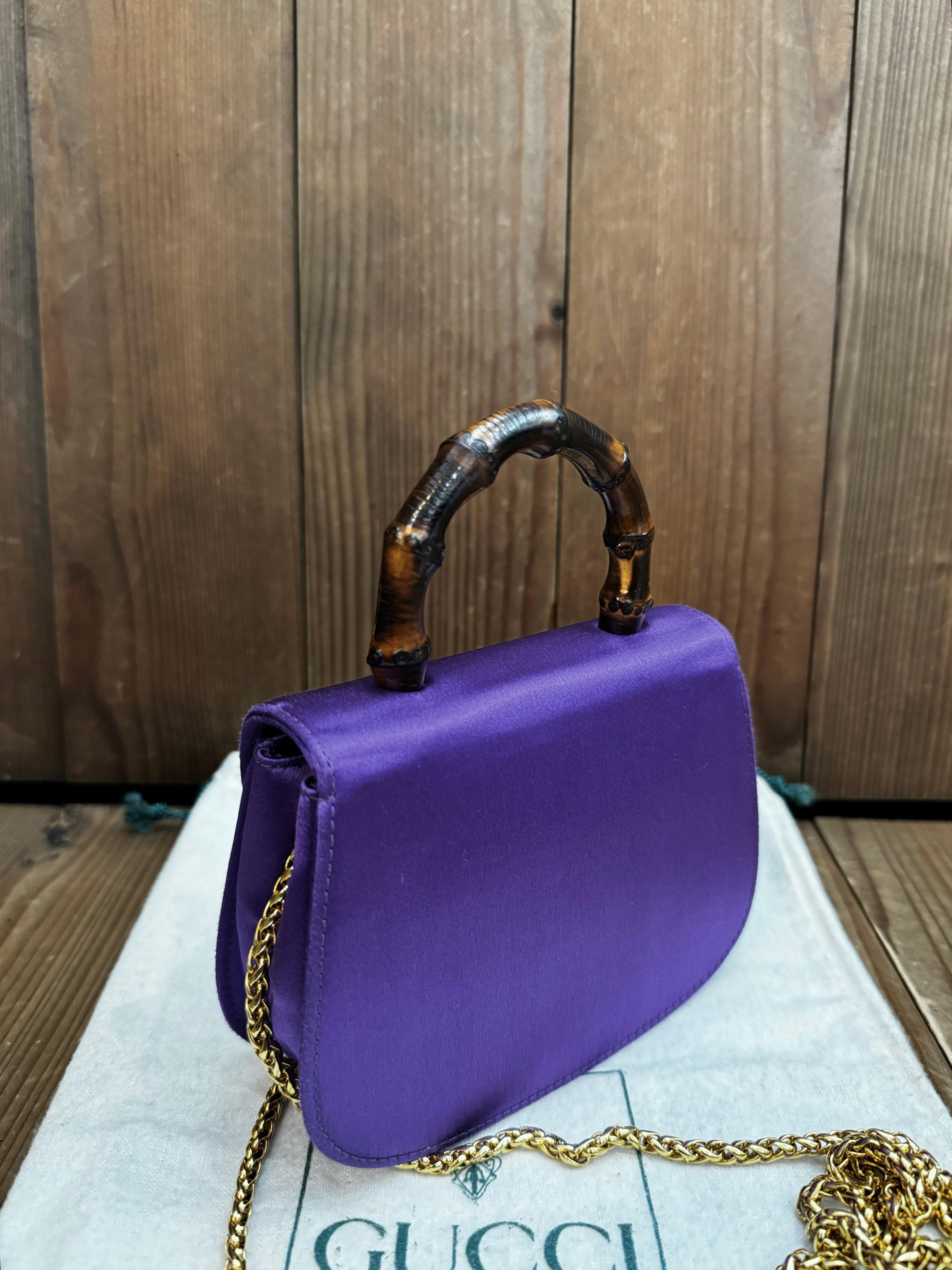 1980s Vintage GUCCI Mini Satin Bamboo Evening Chain Bag Purple Micro Bag For Sale 5