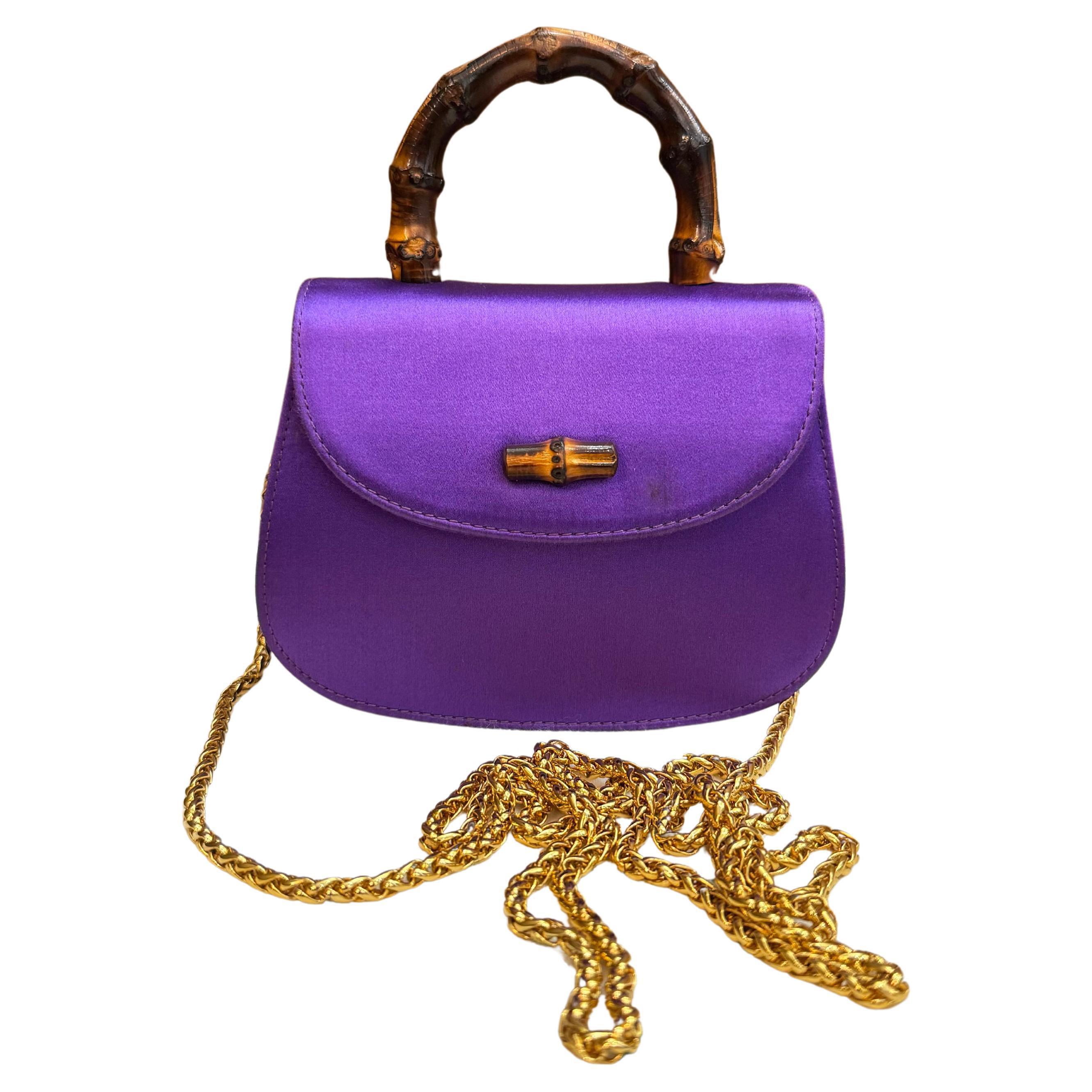 1980s Vintage GUCCI Mini Satin Bamboo Evening Chain Bag Purple Micro Bag For Sale