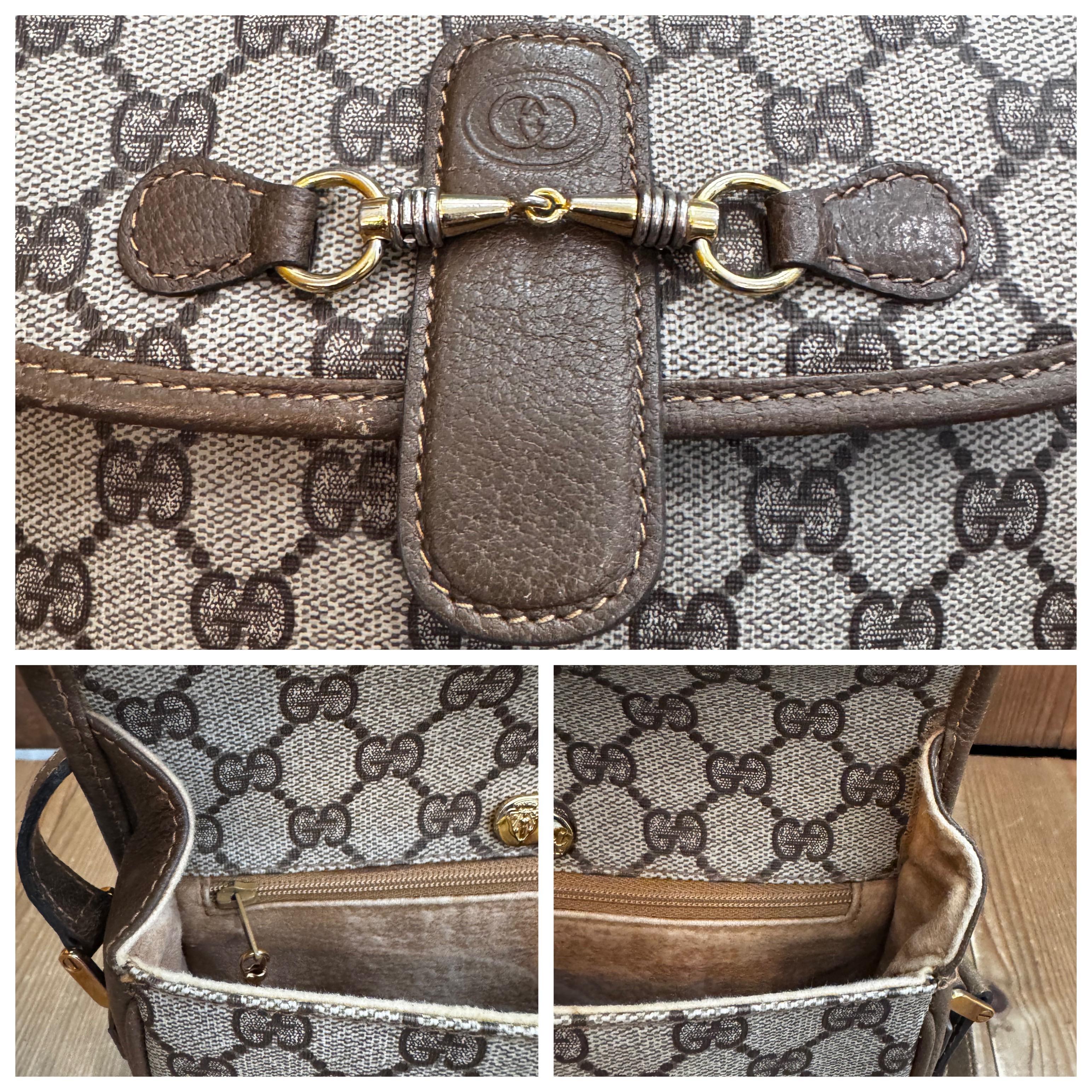 1980s Vintage GUCCI Monogram Canvas Crossbody Bag Brown Small For Sale 1